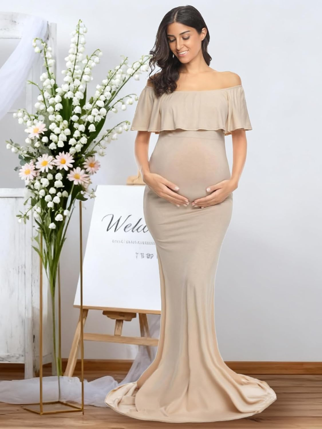 Glampunch Womens off Shoulder Maternity Dress Ruffles Elegant Slim Gowns Fit Maxi Photography Dress image number 6