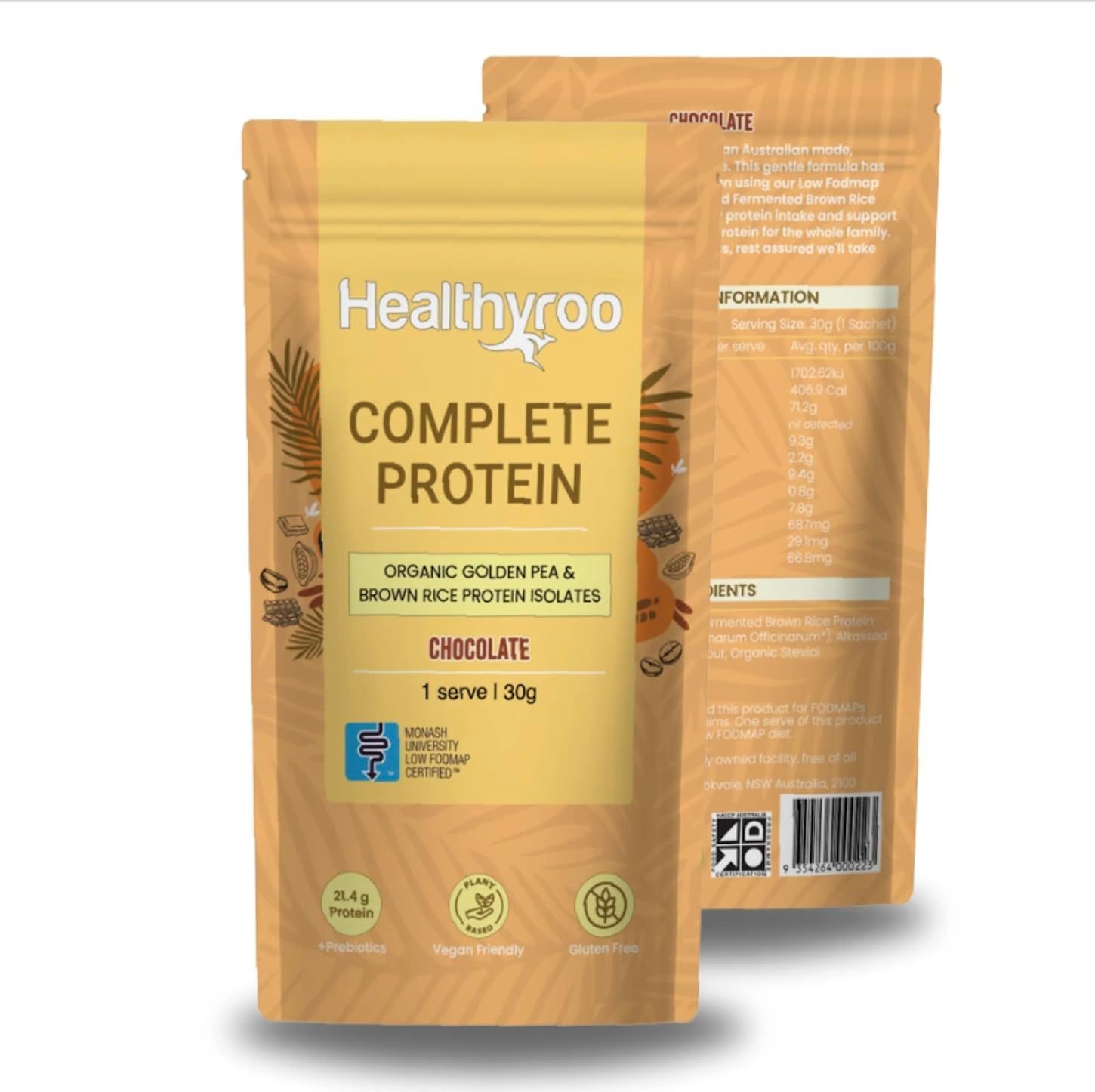Complete Protein Chocolate Single Serve Sachet, 30G, 21.4G Protein, Monash University LOW FODMAP, Plant Based Organic