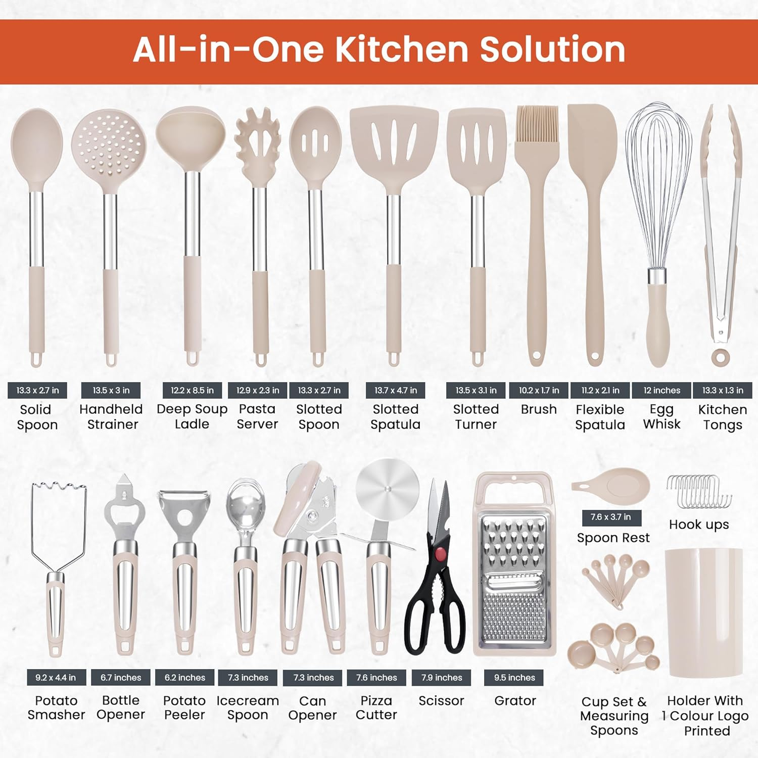 RFAQK Kitchen Utensils Set with Holder, 40Pcs Silicone Cooking Utensils for Nonstick Cookware,Heat Resistant Kitchen Tools & Gadgets with Can Opener,Potato Peeler,Tongs, Spatulas, (40 Pcs Khaki) image number 2