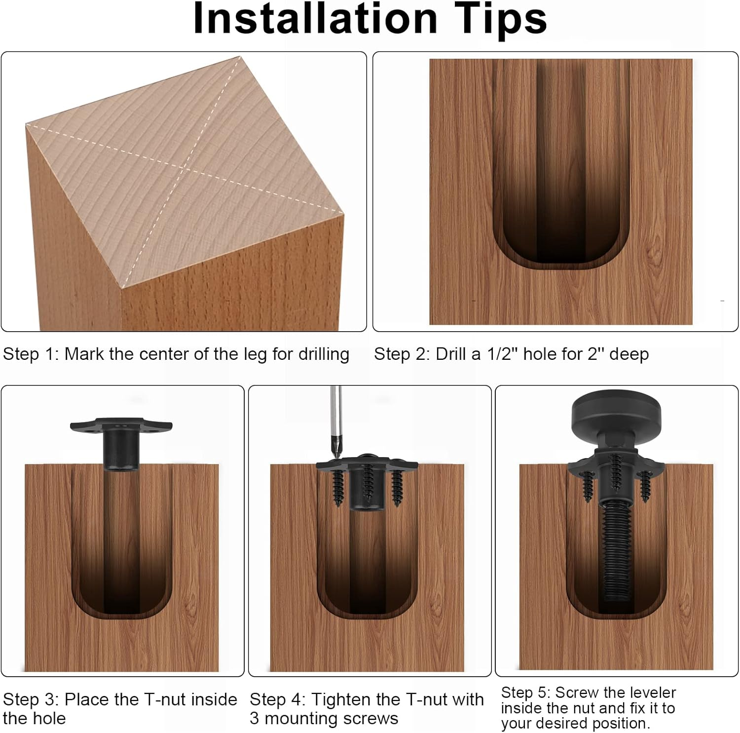 Heavy Duty Furniture Levelers 3/8''-16 Thread W/ T-Nut Kit Furniture Leveling Feet Adjustable Furniture Levelers for Tables,Cabinets,Chairs,Workbench,Sofa and More,Large Base Supports 1320Lbs-4 Packs image number 3