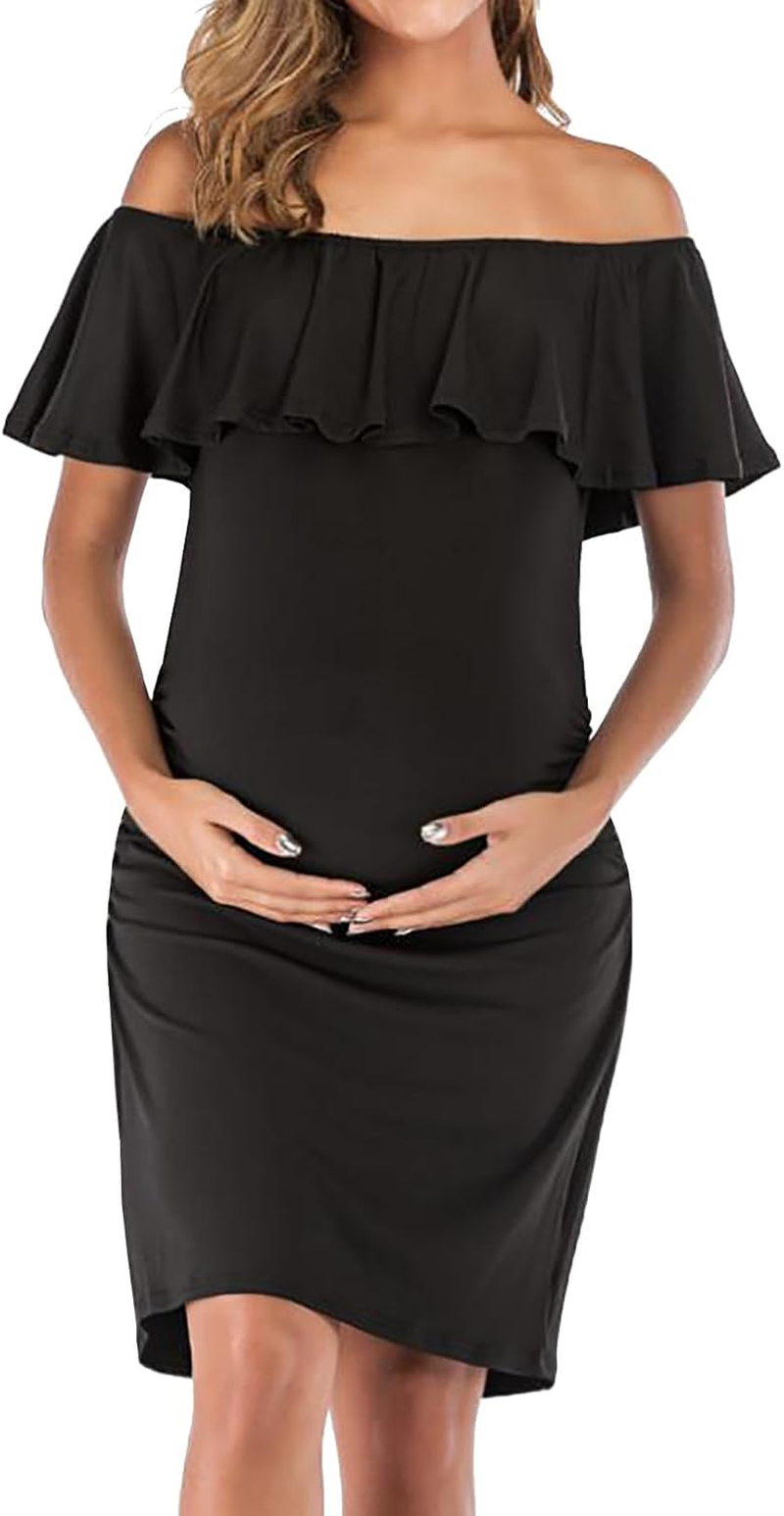 Women'S Ruffle off Shoulder Maternity Dress Knee Length Bodycon for Baby Shower