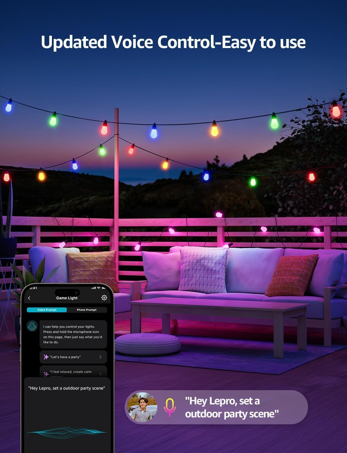 Lepro ZB1 AI Christmas Outdoor String Lights 15M, Smart Festoon Lights Outdoor Waterproof IP65, Warm White & RGB Colour Changing, Personalized AI Lighting Designer, Compatible with Alexa, 2.4G Wifi image number 2