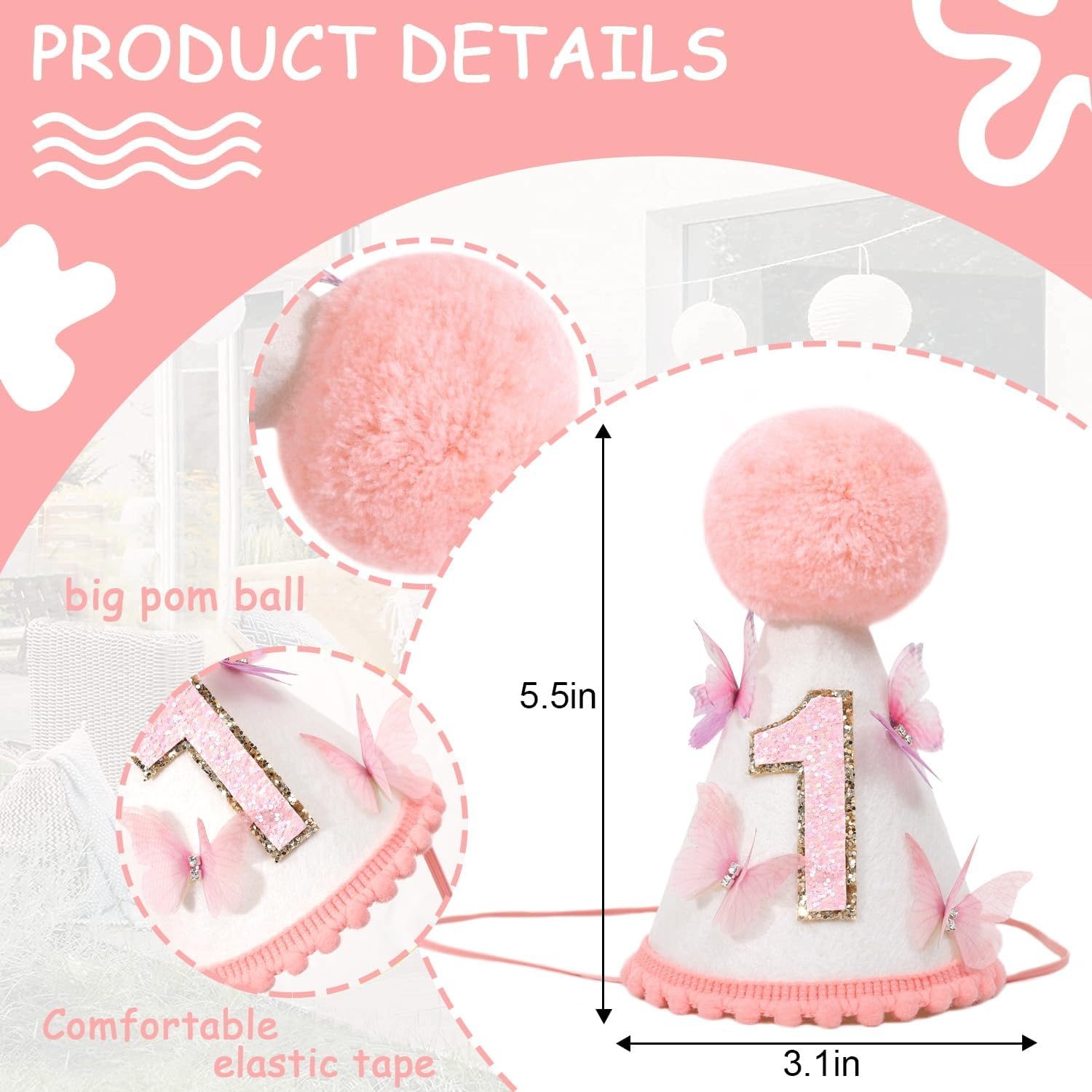 Pink Butterfly 1St Birthday Hat - Fairy, Butterfly, Girls 1St Birthday Party Decoration, Photo Prop, Cake Smash image number 4