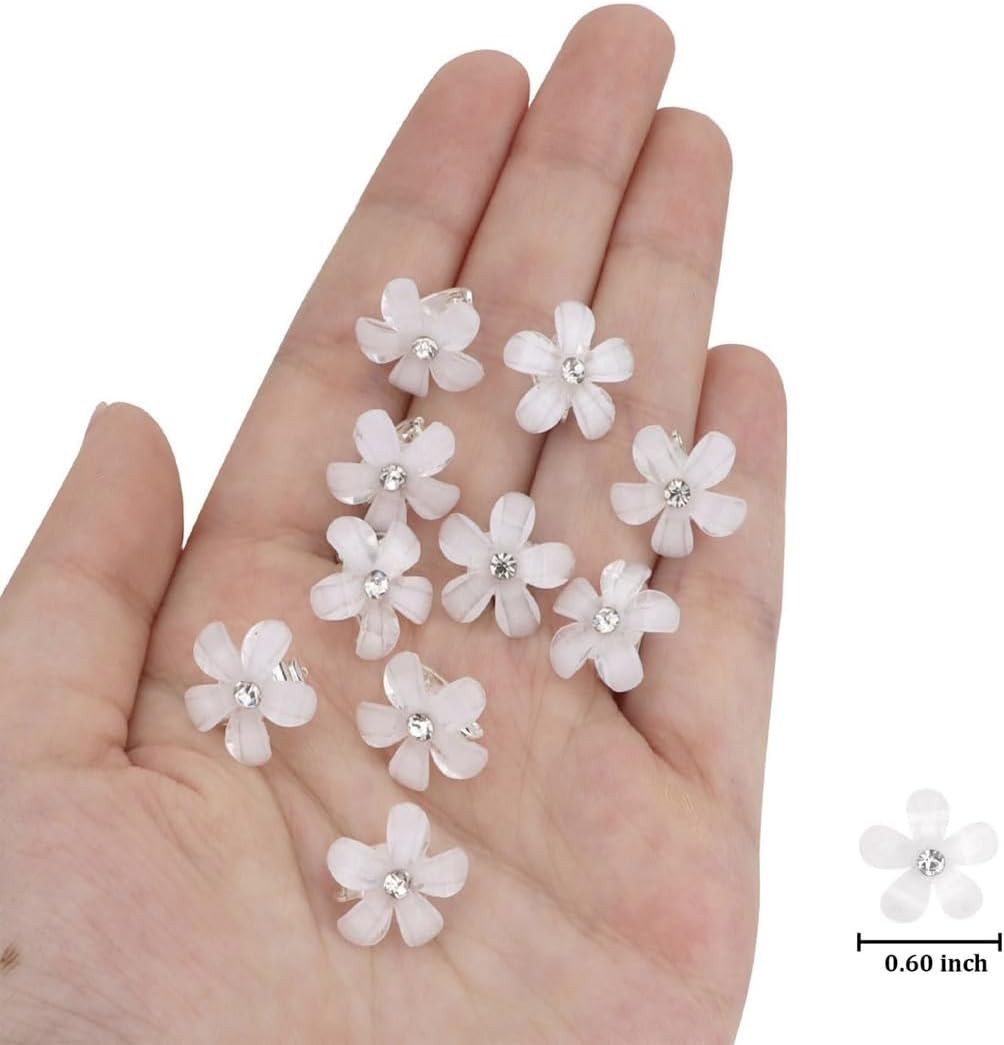 JRYXDS Pack of 10 White Mini Flower Hair Clips with Rhinestones, Metal Hair Pins for Women, for Girls, Wedding, Hair Accessories, Decorative image number 2