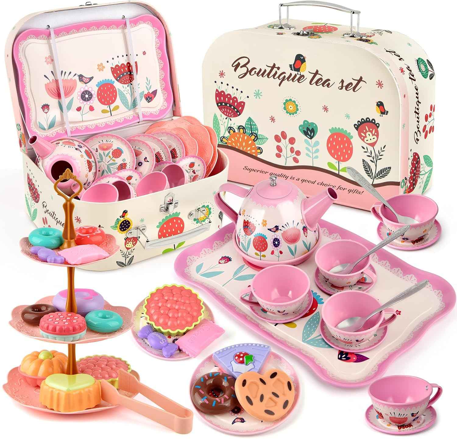 MINNOT Tea Party Set for Little Girls - Frozen Toys for Girls - Elsa Princess 46 Pack Kids Kitchen Pretend Toy with Tin Tea Set, Desserts & Carrying Case - Birthday Gift for Age 3 4 5 6 Year Olds