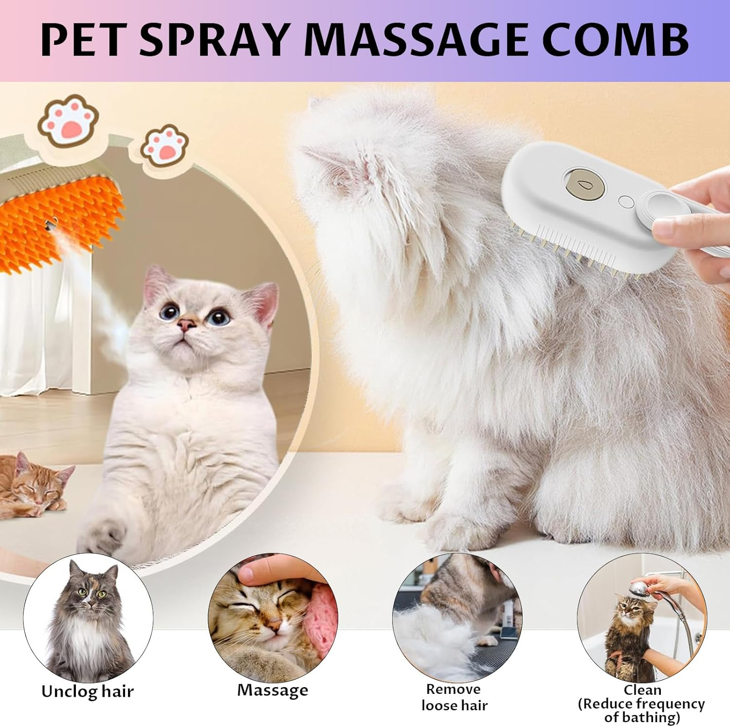 Velmoriah 4-In-1 Cat Steam Brush, 2025 Upgraded Pet Spray Comb, Rechargeable Cat Grooming Brush, Self-Cleaning Pet Hair Remover for Cat and Dog image number 2