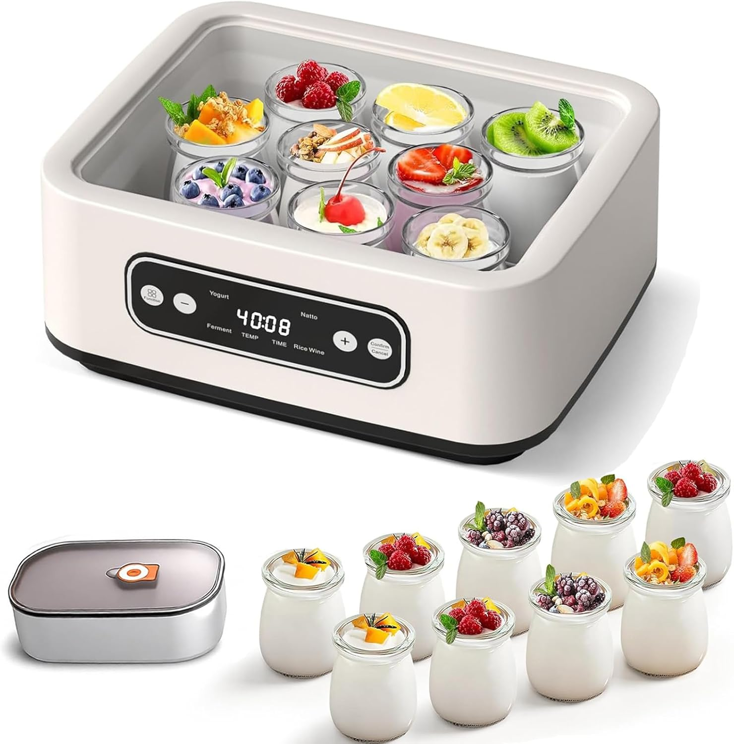 Yogurt Maker Machine, Automatic Yogurt Maker Temp Control & Smart Timer, Homemade Greek Yogurt Machine, Includes 9X100Ml/3.4Oz Glass Jars & 1.6L Stainless Steel Liner image number 6