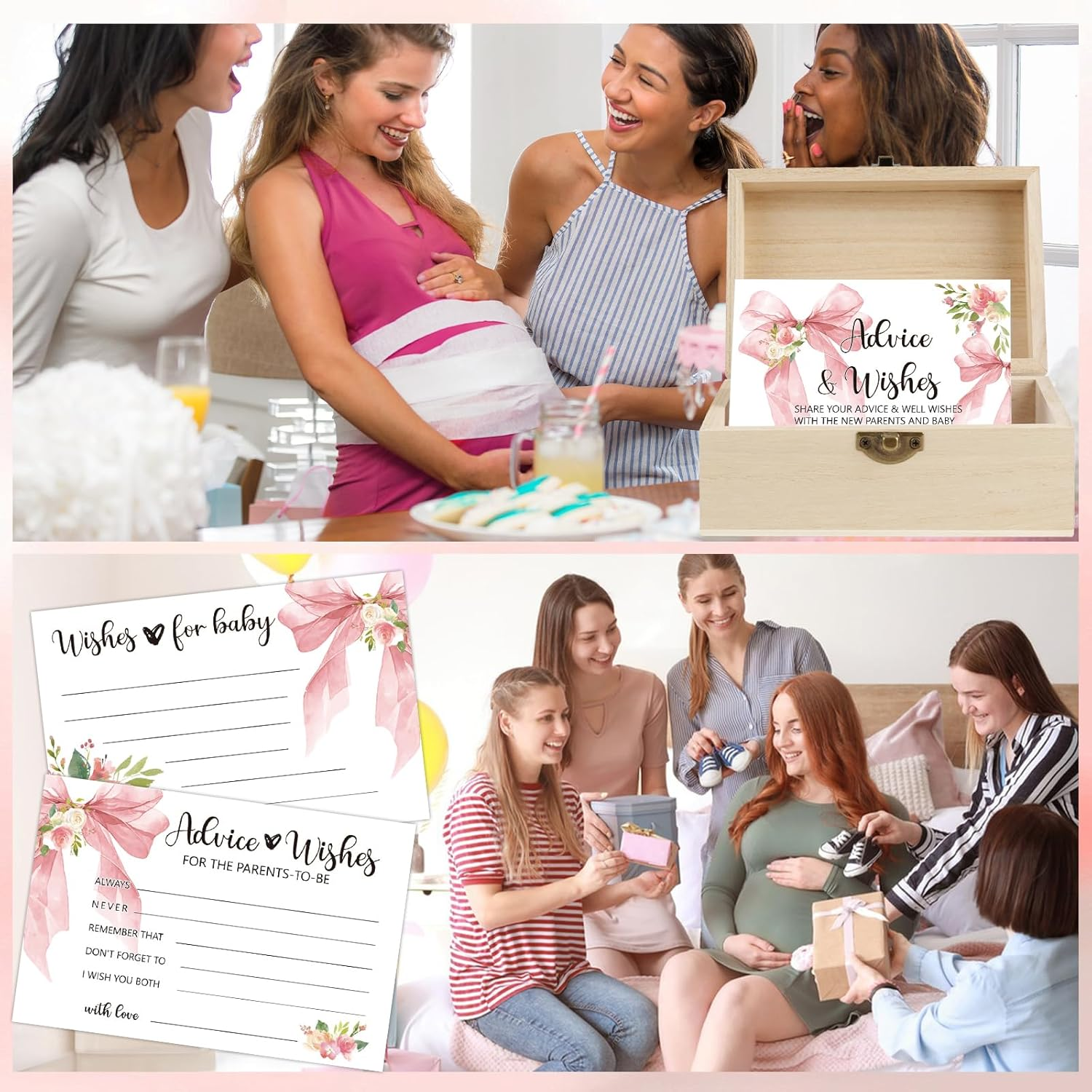 50 Pcs Pink Bow Baby Shower Advice Cards for Parents to Be,Advice and Wishes Cards Box for New Parents,Wishes for Baby Card,Baby Shower Games Decorations Girl image number 4