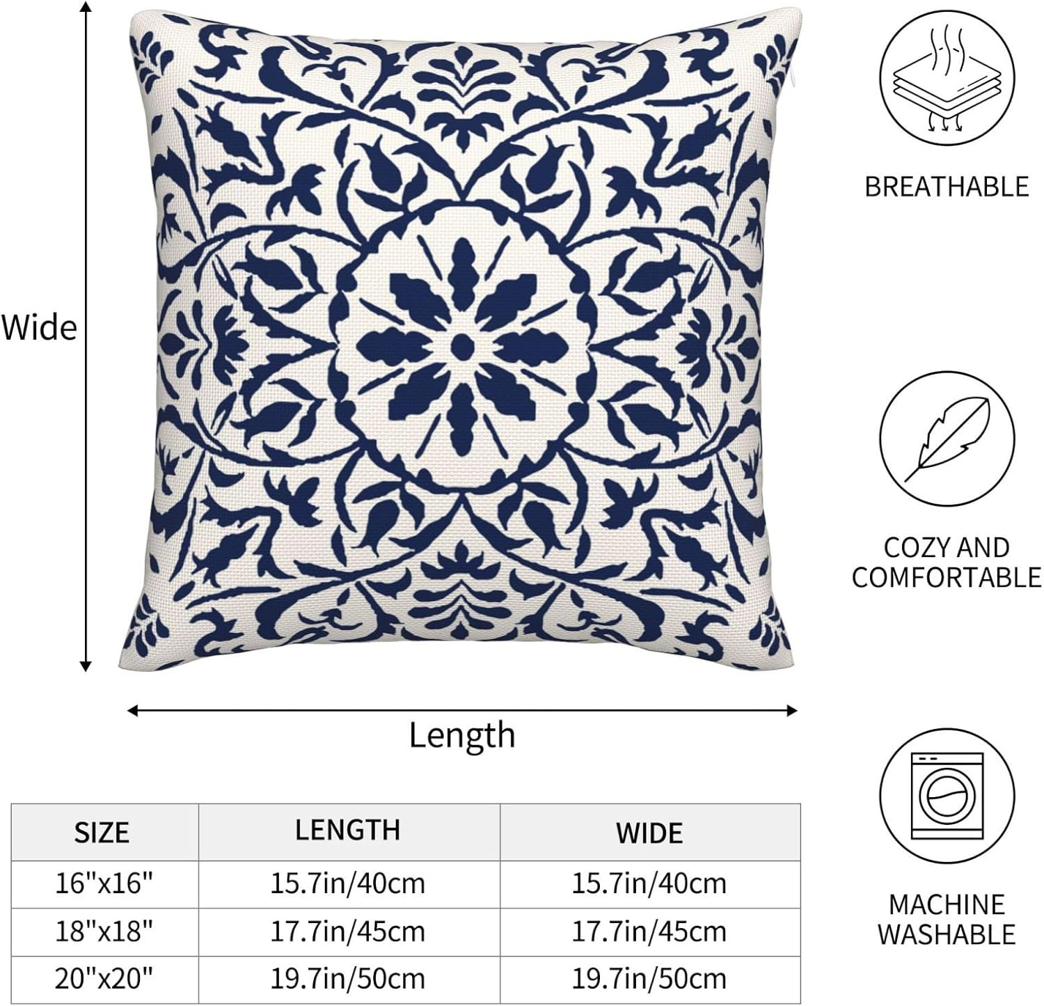 Set of 2 Navy Blue Boho Cushion Cover 50Cm X 50Cm Bohemian Geometric Modern Decor Square Linen Pillow Cases for Sofa Bed Couch Outdoor Cushions Covers 20X20 Inches image number 2