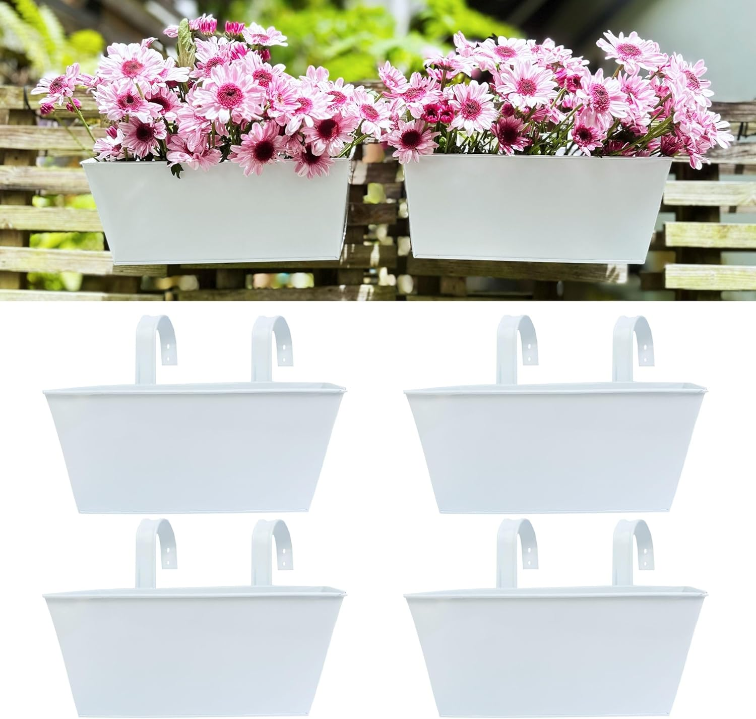 Lalagreen Rail Planter Box (4 Pack, 16 Inch) Large White Metal Hanging Flower Pots, Rectangle Outdoor Strawberry Plant Holder Window Balcony Deck Railing Fence Minimalist Farmhouse Countryside Style image number 5