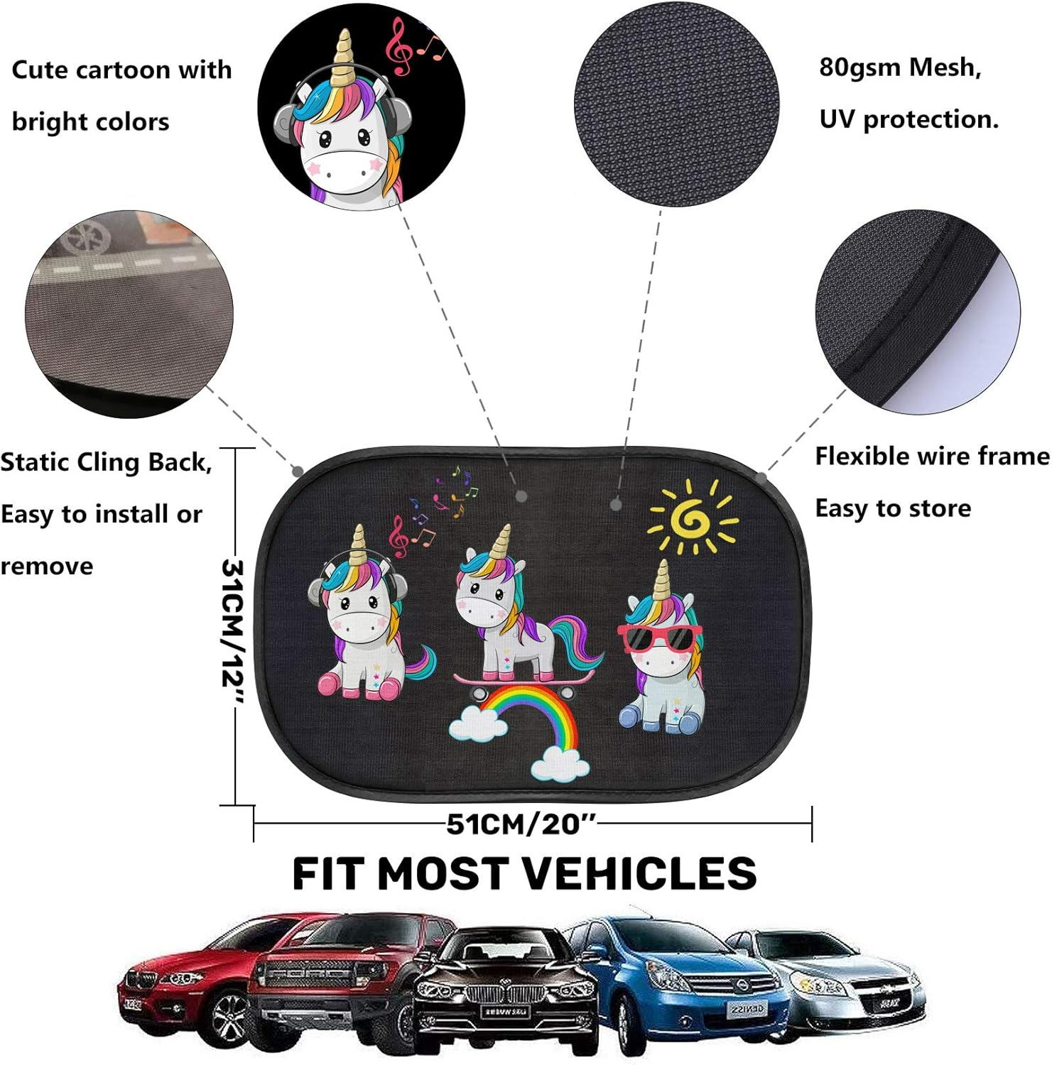Izoel Car Sun Shade for Baby Kids 2 Pack Static Cling Side Window Car 80GSM Rear Sunshades Universal with 8 Suction Cups and Storage Bag - Sun Glare and UV Rays Protection (Unicorn)