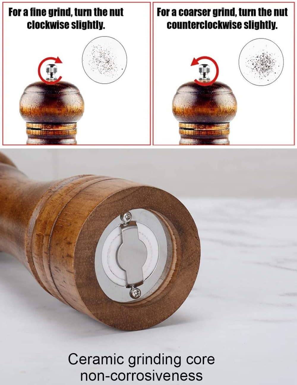 2 Pack Wooden Salt and Pepper Grinders with Cleaning Brush and Spoon, 20.3Cm/8Inch Refillable Manual Spice Grinder Mills Set, Kitchen Hand Peppercorn Shakers Mills with Adjustable Coarseness image number 2