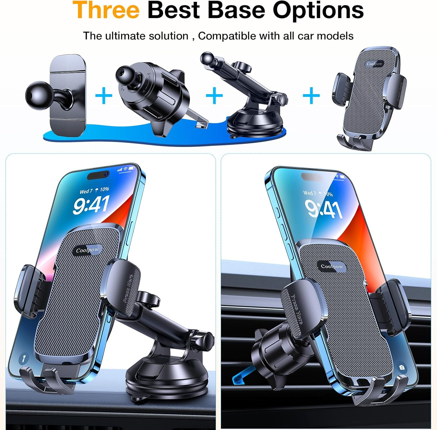Phone Holder Car [Military Grade Suction Ultra Strong Base] Cell Phone Car Holder 3 in 1 Dashboard Windshield Air Vent image number 3