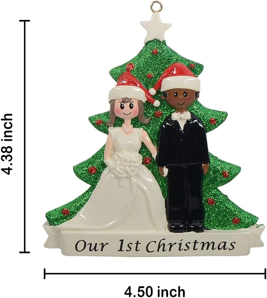 MAXORA Our 1St Christmas Wedding Couple Ornament Personalized Christmas Tree Decoration(White Bride and Black Groom)