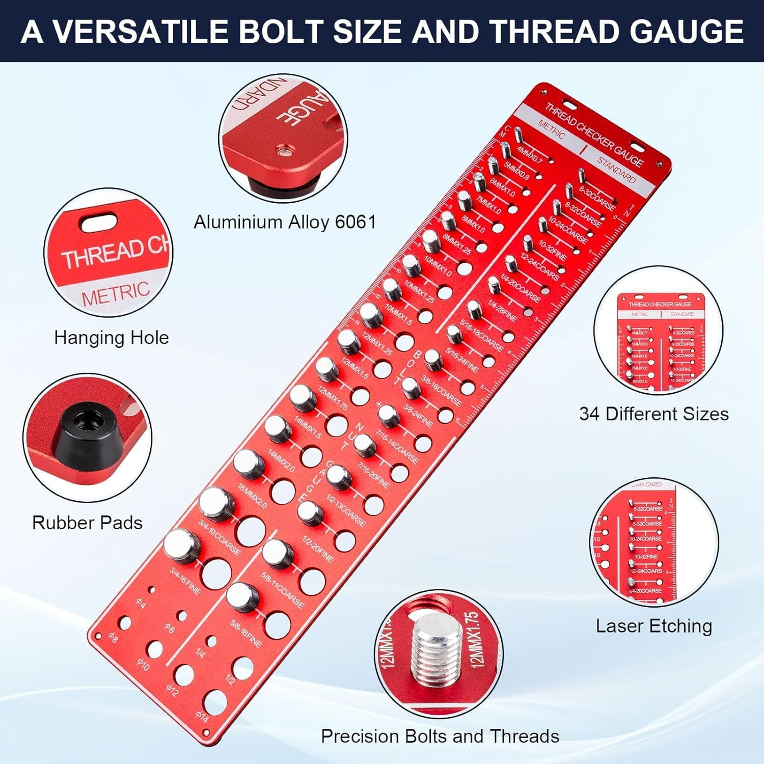 34 Thread Checker, Nut and Bolt Thread Checker, Bolt Size and Thread Gauge with 19 Standard and 15 Metric, 8 Drill Bit Gauge, Bolt and Nut Identifier Gauge Bolt Gauge Rectangular image number 4