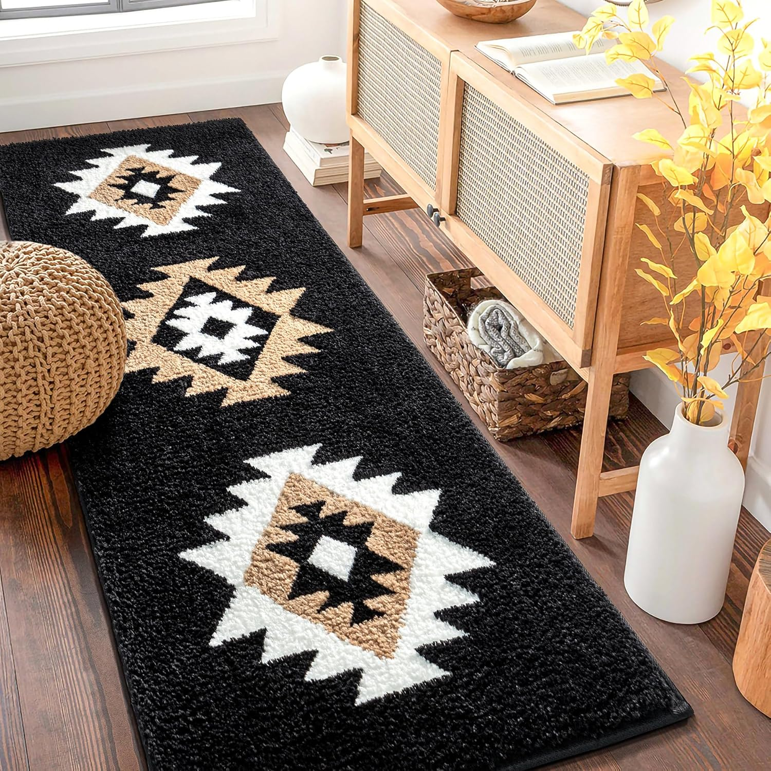 DEXDE Boho Bathroom Rugs 20X32, Luxury Soft Absorbent Bath Mat Non Slip Moroccan Geometric Bath Rugs Carpet for Bathroom Shower Kitchen Entryway Farmhouse Neutral Decor, Cream Beige