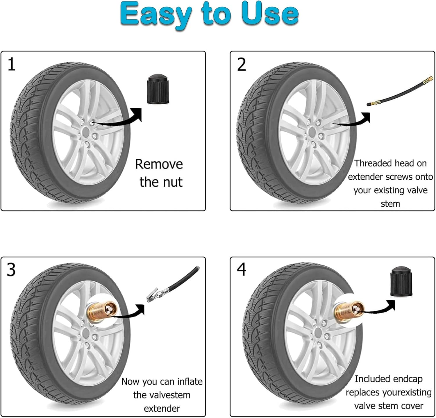 YUENTOEN 2Pcs Tire Valve Extension, Flexible Rubber 160MM Tire Valve Extender Inflatable Hose with 2Pcs 90 Degree Brass Tire Valve Stem Extension Adaptor for Cars Truck Motorcycle Bike image number 3