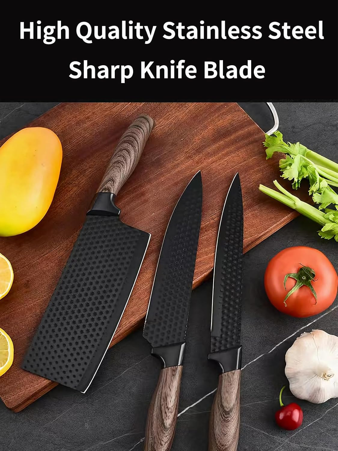 Black 6-Piece Kitchen Knife Set with Block - Includes Chef'S, Santoku, Bread, Paring Knives and Kitchen Shears image number 3
