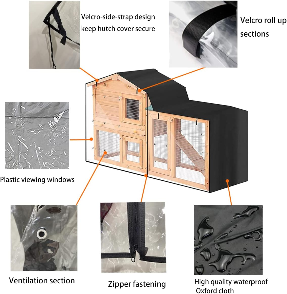 Bunny Hutch Cover COOSOO Triangular Dust-Proof Rabbit Cage Cover 420D Oxford Waterproof Dust Proof Pet Cage Cover with Zippers Poultry Cage Accessory Rabbit Cage Cover for Backyard Garden Winter (147&times;52&times;86Cm, Black) image number 6