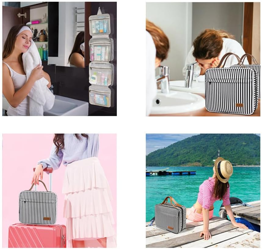 Hanging Toiletry Bag Travel Bag,H HOME-MART Large Capacity Travel Toiletry Cosmetic Bag with Hanging Hook,Foldable Hygiene Bag for Toiletries,Cosmetics (Blue Stripe) image number 1