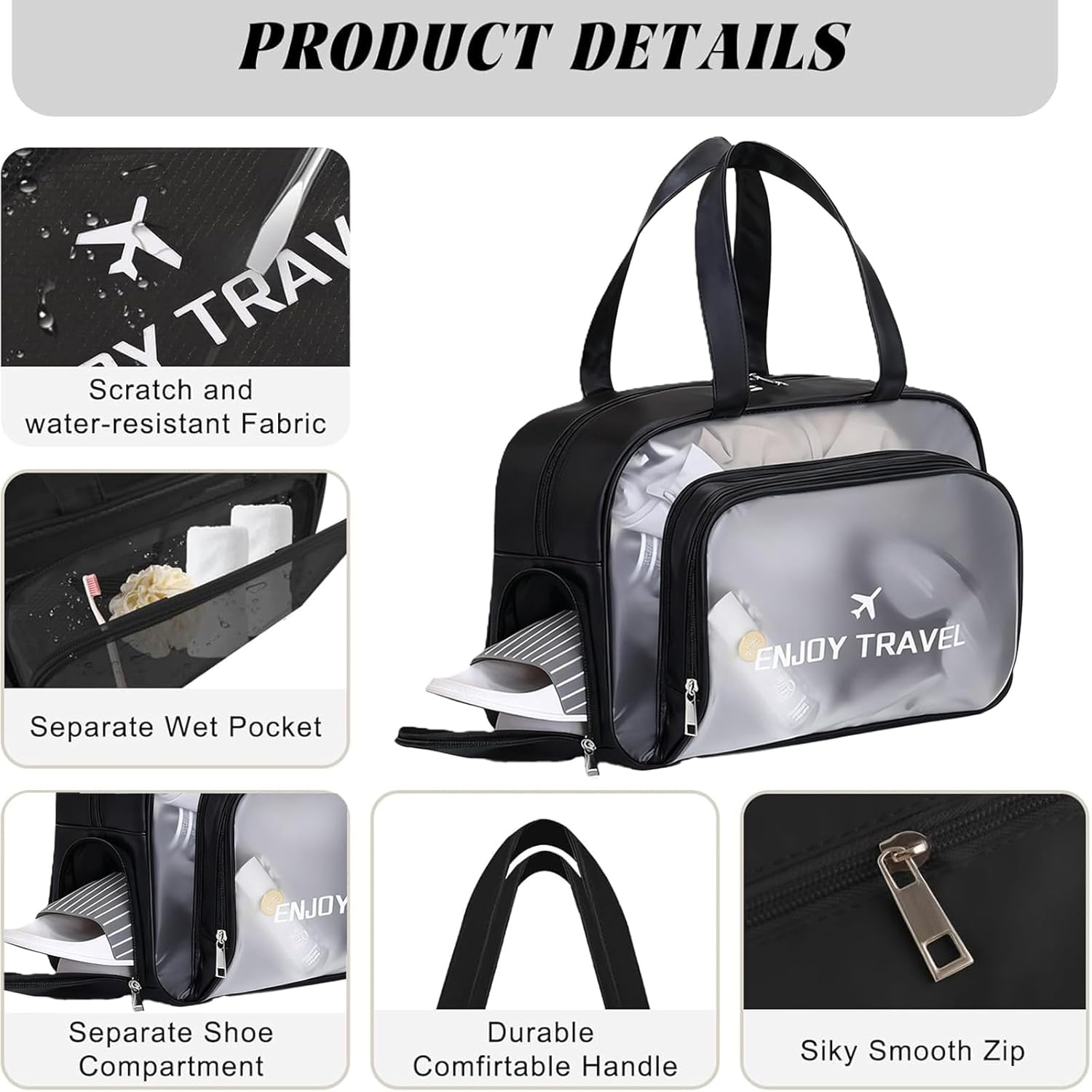 Clear Toiletry Bag - Large Waterproof Transparent Makeup & Wash Bag with Shoe Compartment & Wet Pocket | Travel Organiser for Aussie Holidays, Beach & Gym（Black） image number 3