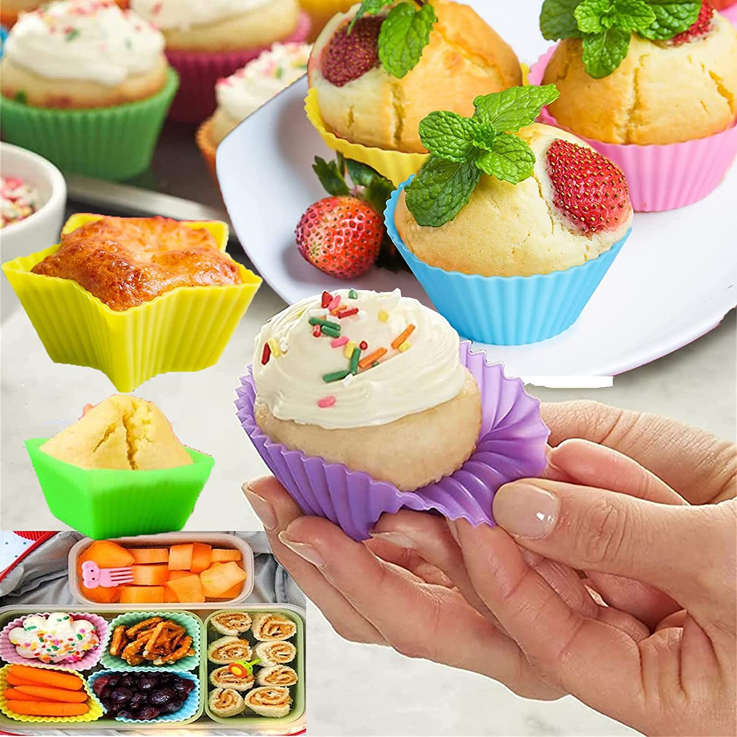 Silicone Cupcake Liners,40Pcs Reusable Silicone Baking Cups with 10 Food Picks,Non-Stick Muffin Liners Pastry Cake Molds,Silicone Lunch Box Dividers with 12Pcs Cake Toppers,Multicolour Baking Set image number 4
