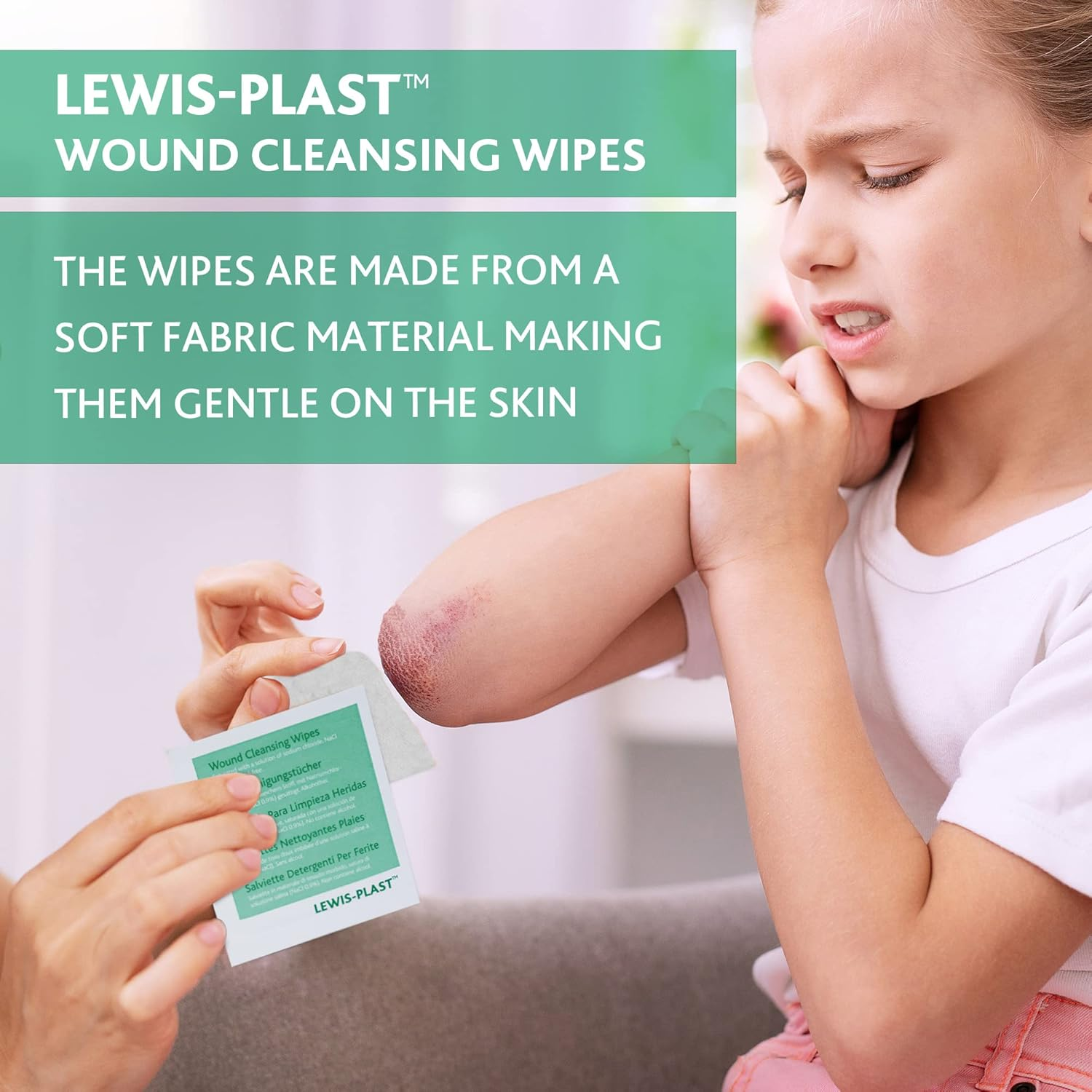 Lewis-Plast Premium Saline Sterile First Aid Alcohol Free Wipes - Box of 100 Medical Grade Cleaning Wipe for Wound, Cleansing Area before Injection and Piercing, Green image number 2