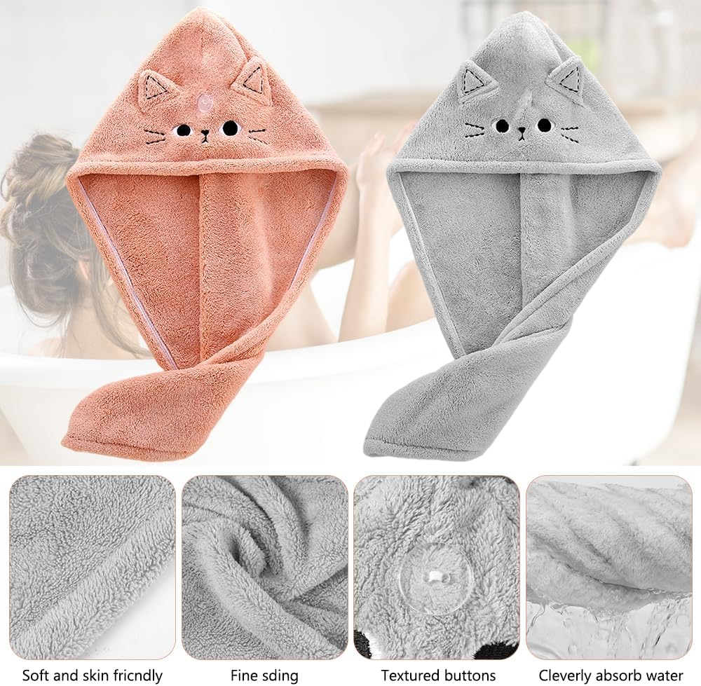 Pack of 2 Microfibre Hair Towel Wraps, Hair Plopping Towel Curly, Quick-Drying Hair Turban, Wrap Super Absorbent, Dark Pink, Grey, Cat Coral Fleece Absorbent Hair Towel for Women Girls image number 6
