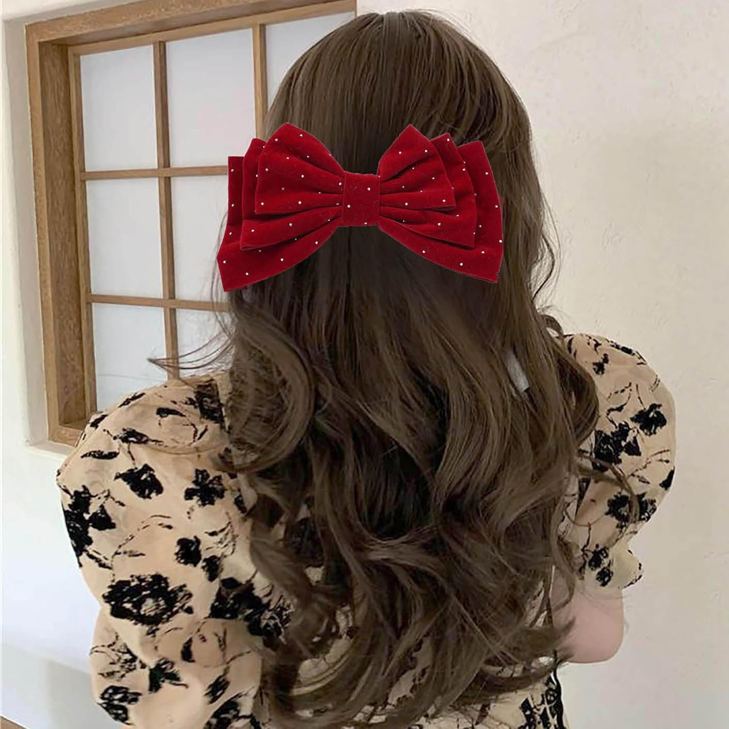Large Hair Bows for Women Glitter Bow Hair Clips Velvet Bow Clips Cute Hair Bow Clips French Bow Crystal Bows Party Wedding Barrette Bowknot Hair Accessories Red image number 2