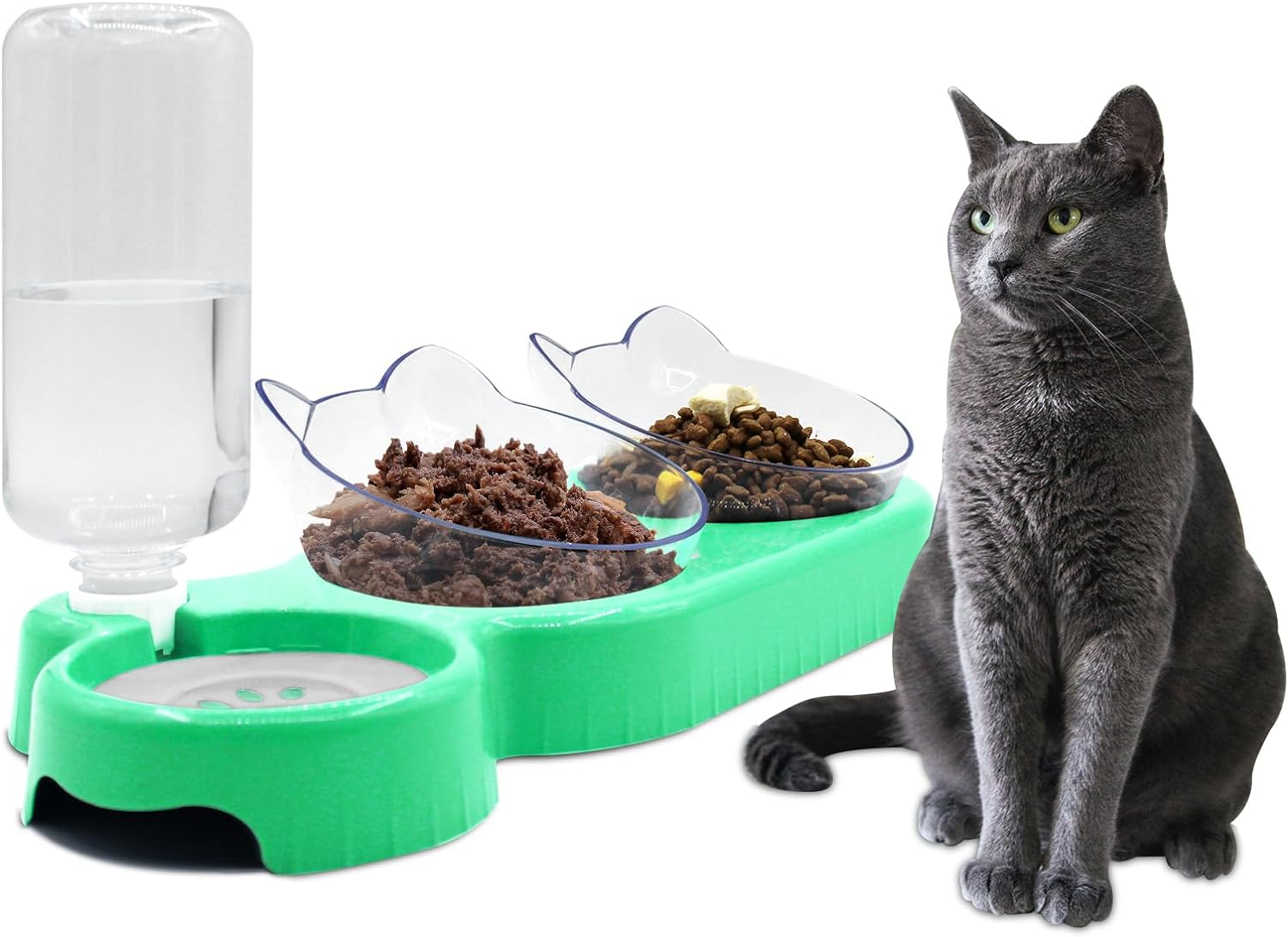 Triple Cat Bowls, 15&deg; Tilt 3-In-1 Water Feeder with Automatic Bottle, Whisker Friendly Wet and Dry Elevated Feeding Dishes for Small Cats and Puppies (Navy Blue)