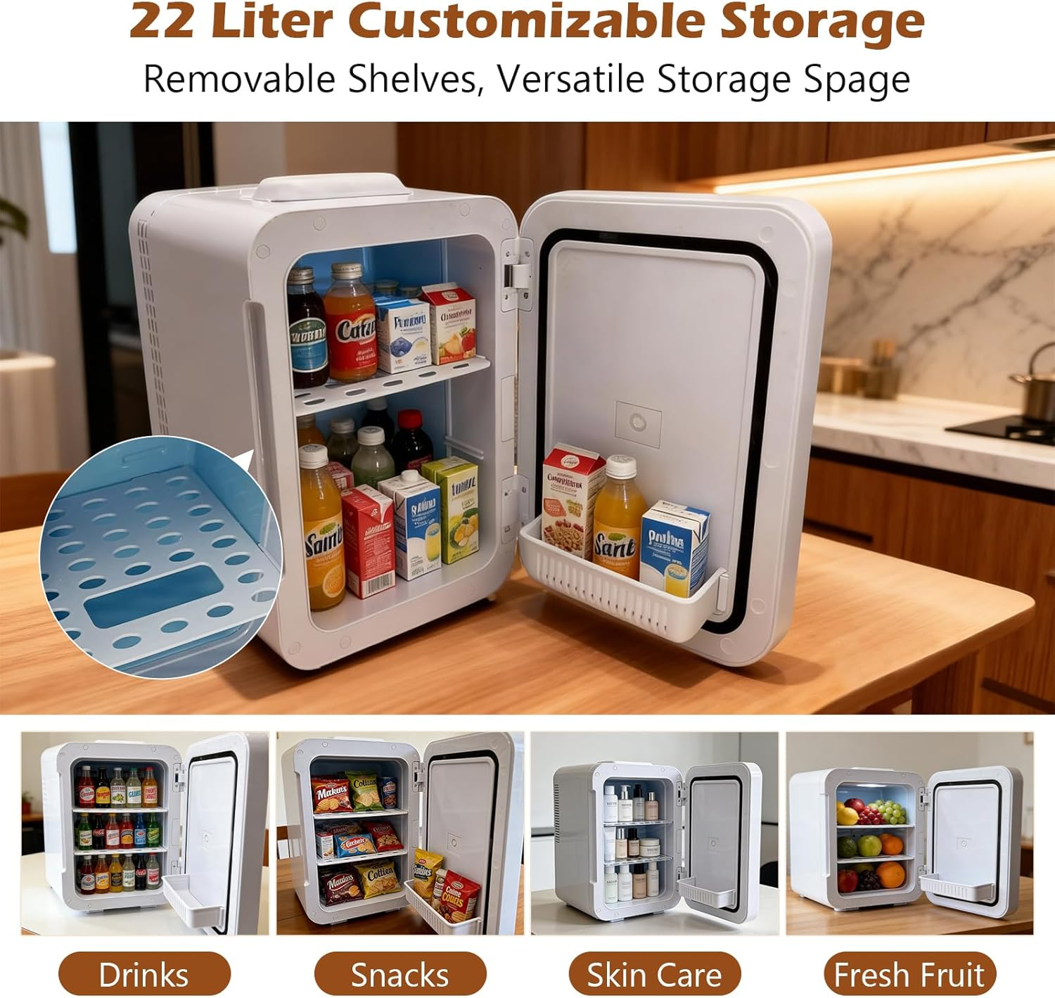 22L Mini Fridge, Portable Mini Fridge for Bedroom, 2-In-1 Personal Cooler Car Refrigerator, DC 12V and AC Cords, for Bedroom Home Office Travel, Silver image number 4