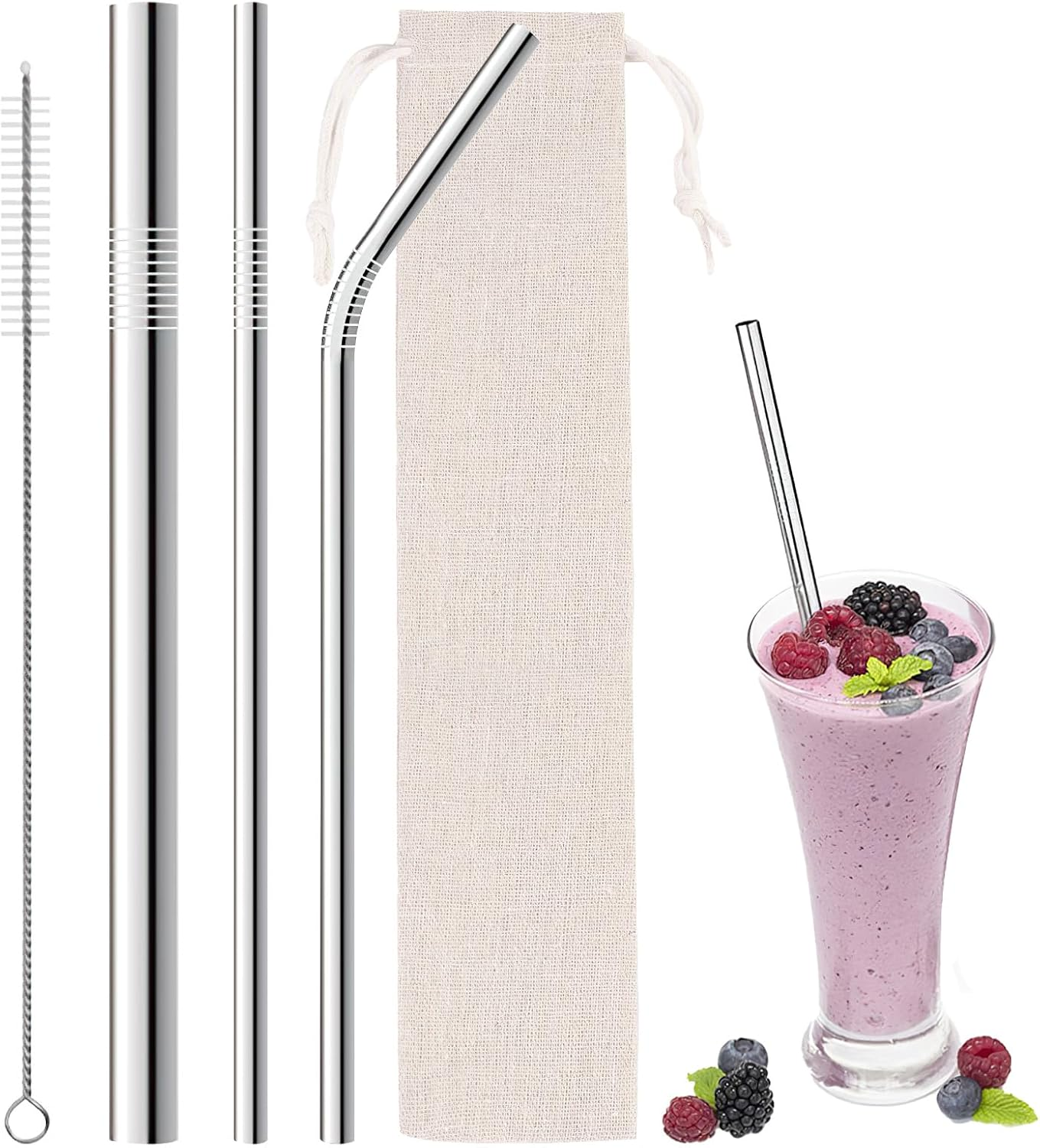 Ozgrove Reusable Metal Straws Set, 304 Stainless Steel 1 Straight 1 Bent & Thick Boba Straw with Cleaning Brushes & Cloth-Container, Anti-Wrinkle Drinking Cup Accessories for Smoothie Bubbling Tea image number 3