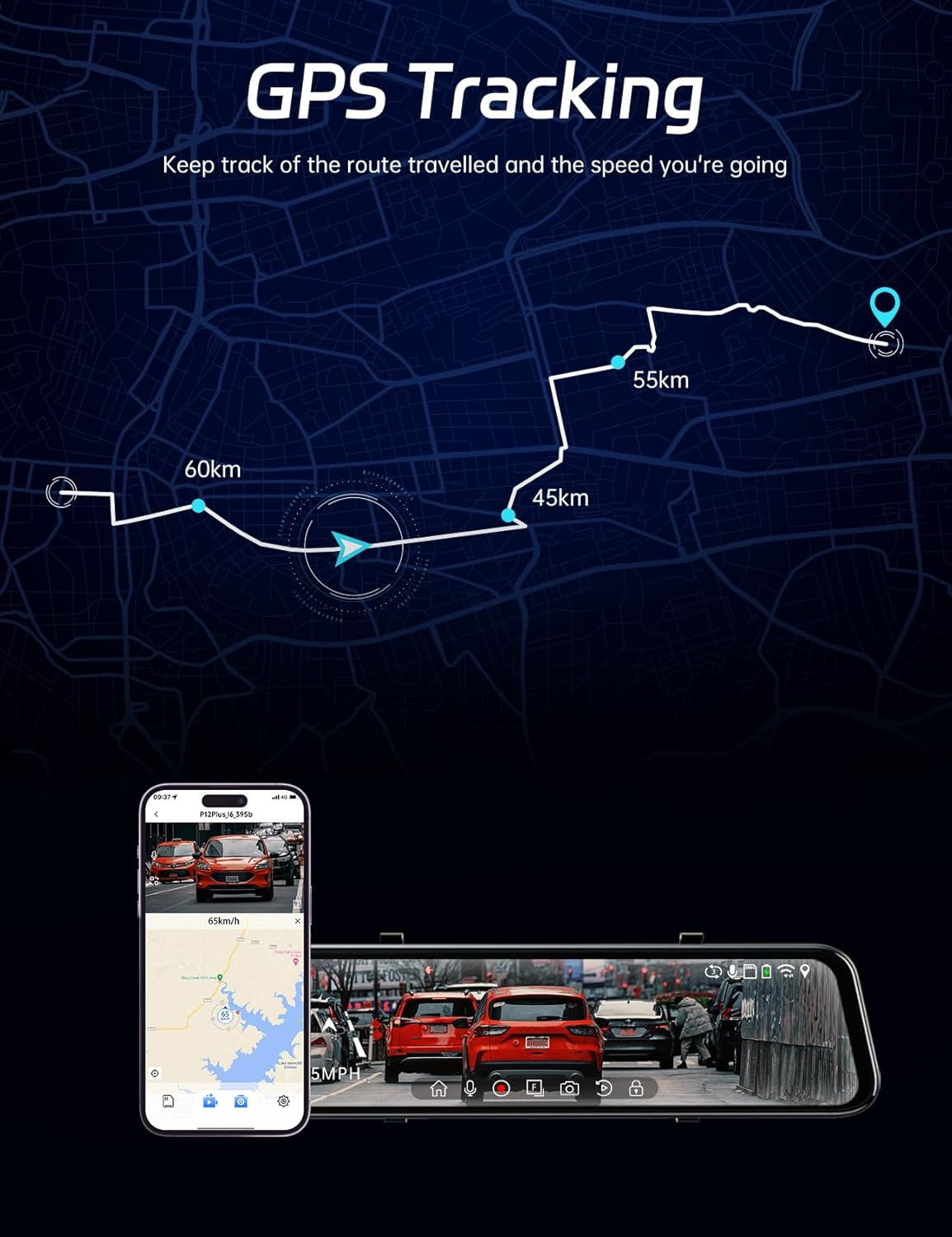 Pelsee P12 plus 4K Rear View Mirror Camera with ADAS and BSD, 5.8Ghz Wifi Mirror Dash Cam Front and Rear, Backup Camera for Car, GPS, 64GB Card Included, WDR Night Vision, Voice Control, 12" Display