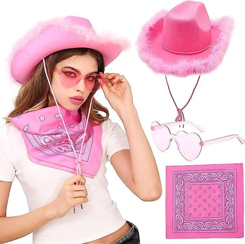 Jevenis Cowgirl Hat Cowboy Hat Women Western Cowgirl Hat with Feathers Bandana Heart Shape Sunglasses for Bachelorette Party Halloween Birthday image number 6