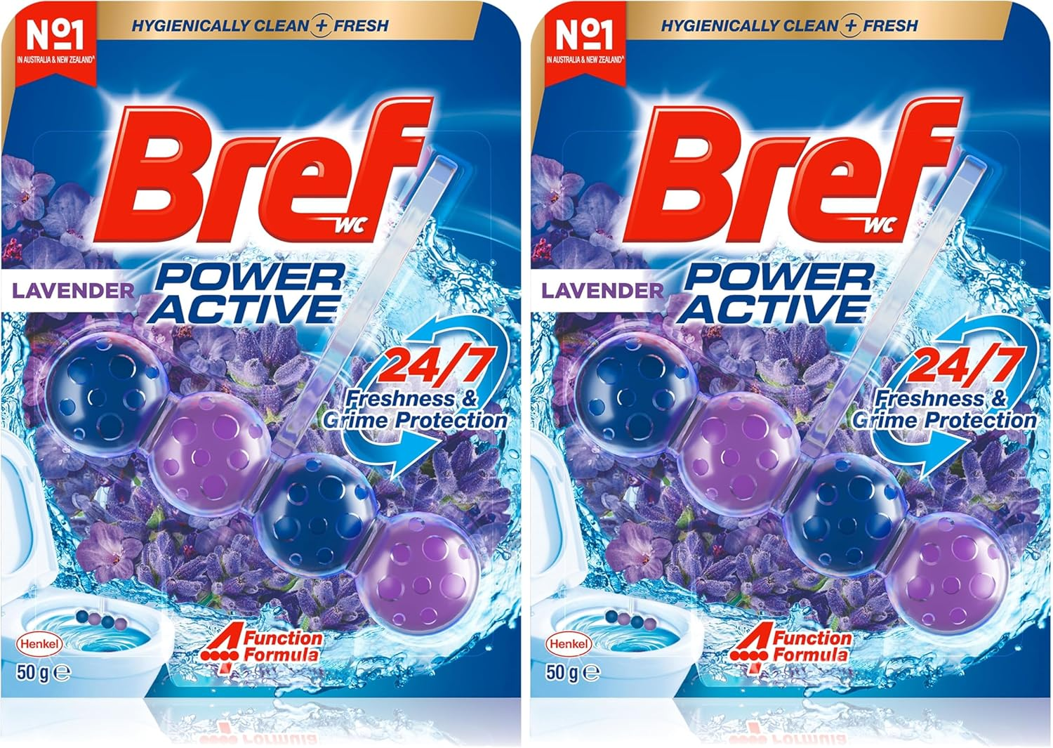 Bref Power Active with 4 Function Formula Toilet Foaming Cleanser (50G), Toilet Freshener with Lavender Scent, Hanging Toilet Bowl Cleaner to Deep Clean Toilet (Pack of 2)