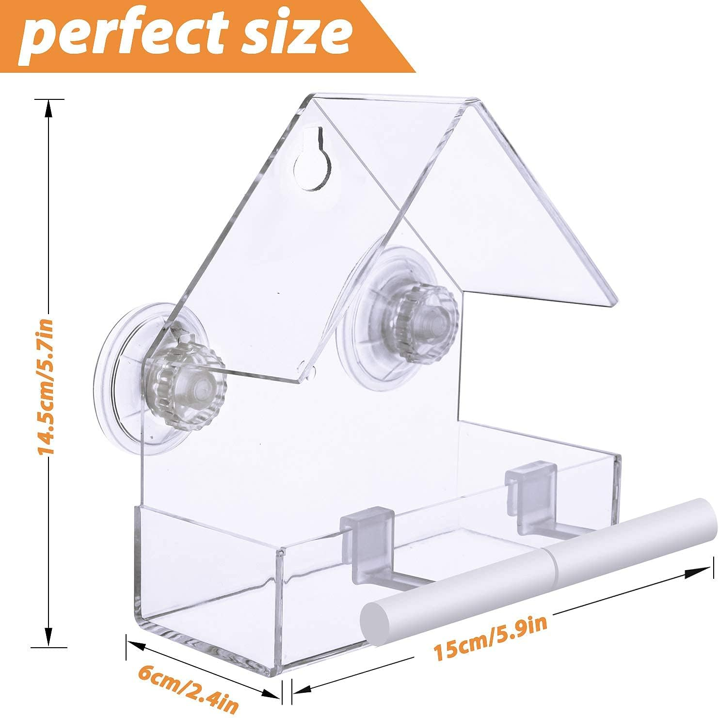 Extra Strong Suction Sups Window Bird Feeder with Drainage Holes. Windowsill Birdfeeders for Small Birds Only. LIANGPIN Acrylic Clear House Shape Design image number 3