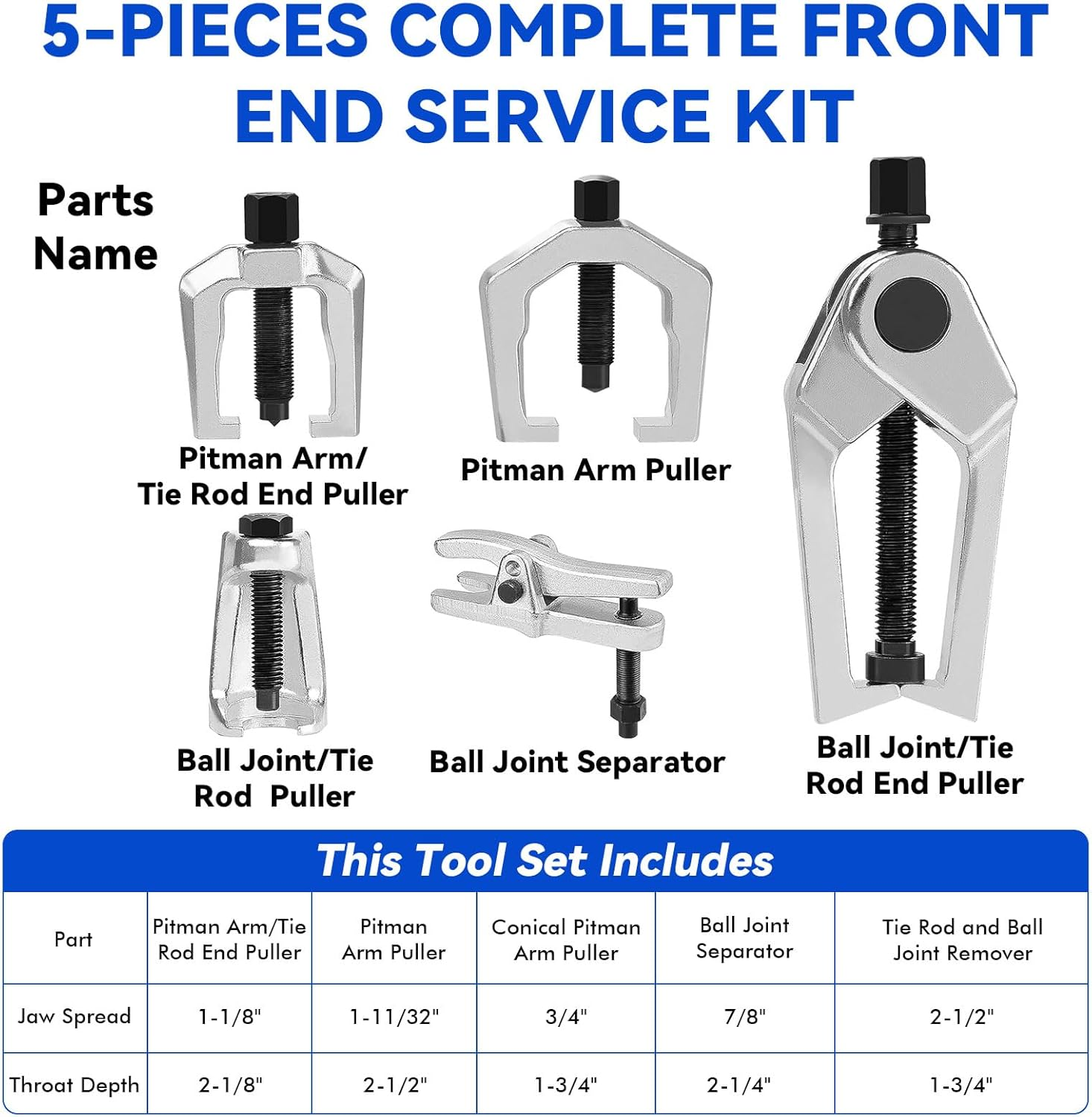Ball Joint Separator & Pitman Arm Puller Set, 5-In-1 Tie Rod End Tool Kit for Suspension Repair, Ball Joint Removal Tool Universal Front End Service Kit, Ball Joint Separator Tool for Import Vehicles