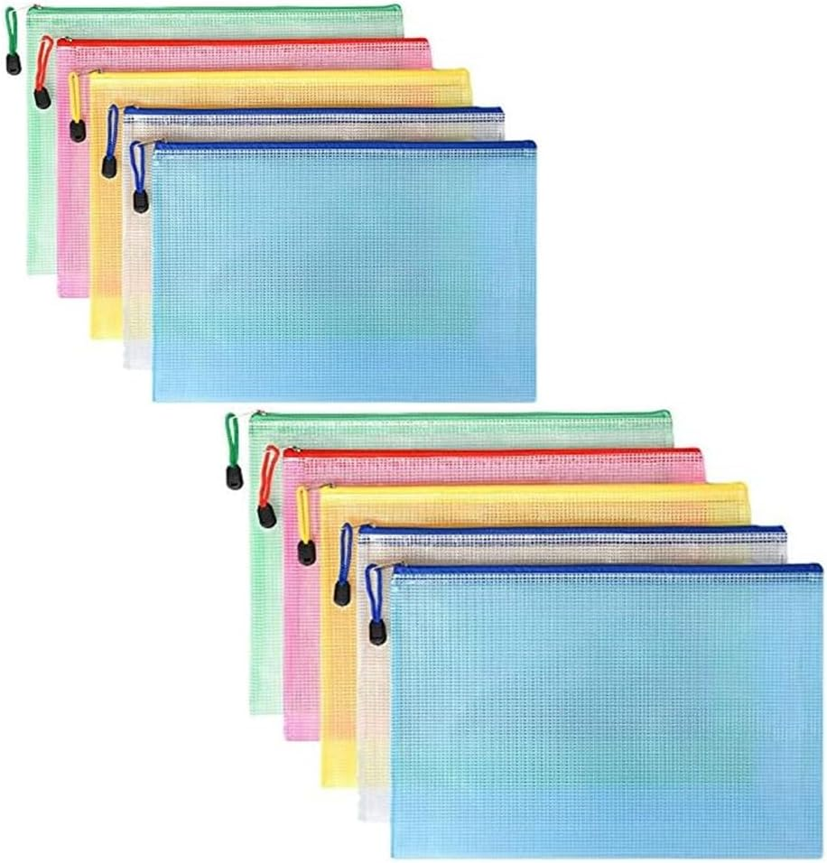 10Pcs A4 Mesh Zipper File Bags,Reusable File Folders Waterproof Document Bags,5 Color Zipper Bags for School Office Supplies, Home and Business Travel