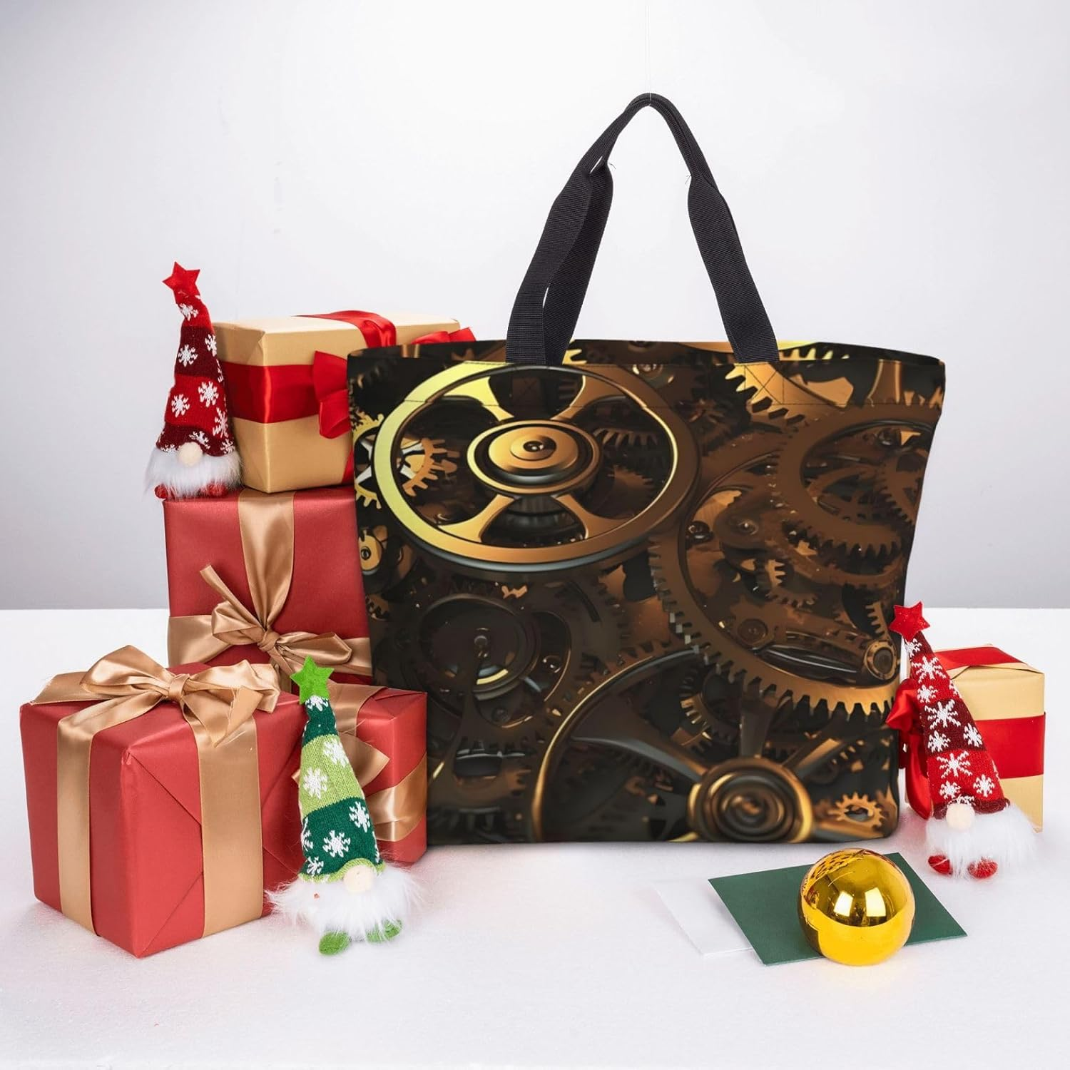 STVYUKL Cool Steampunk Gears Tote Bag for Women Casual Portable Shopping Handbags with Zipper Inner Pocket Reusable Waterproof Beach Grocery Bag for Shopping Travel Work, Black, One Size