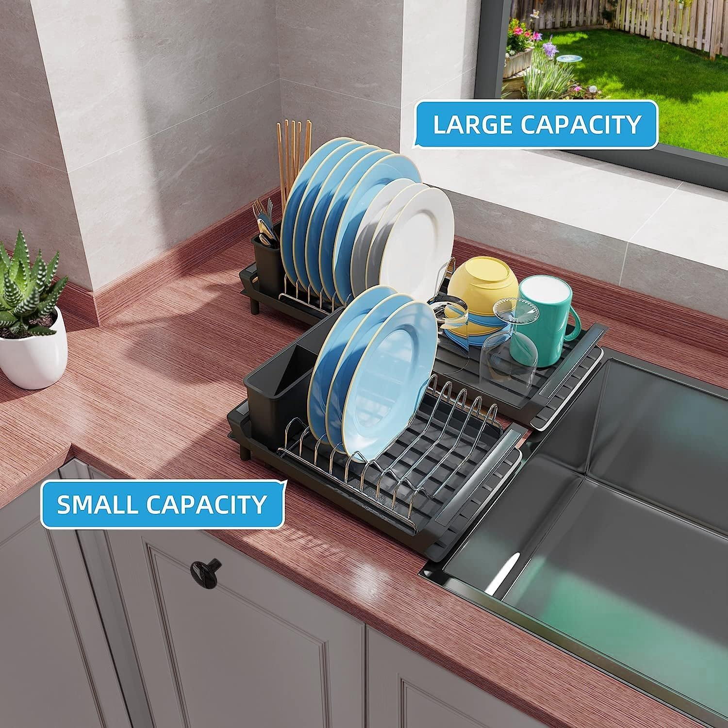 Bytebliss Dish Drying Rack, Expandable Dish Rack for Kitchen Counter with Utensil Holder, Stainless Steel Small Dish Drainer Organizer with Drainboard for Kitchen in Sink image number 4