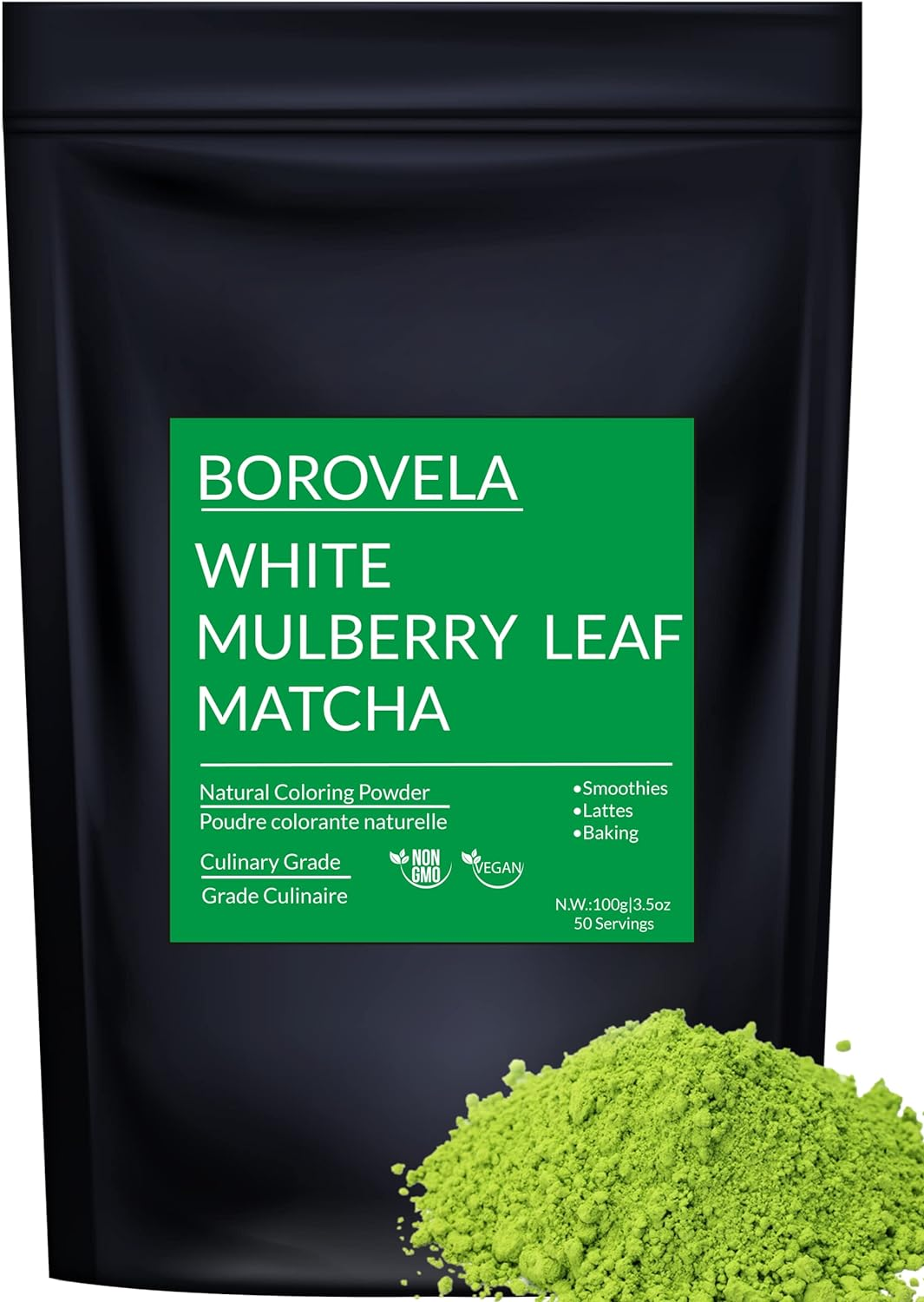 Japanese White Mulberry Leaf Matcha Style Powder - Green Superfood - Caffeine Free - Natural Green Coloring 100G Bag image number 2