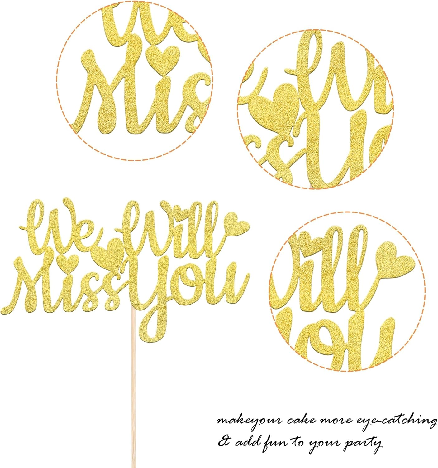 SYKYCTCY 1 Pack We Will Miss You Cake Topper Glitter Love Heart Good Luck Cake Pick Retirement Theme Going Away Party Cake Decorations Gold image number 1