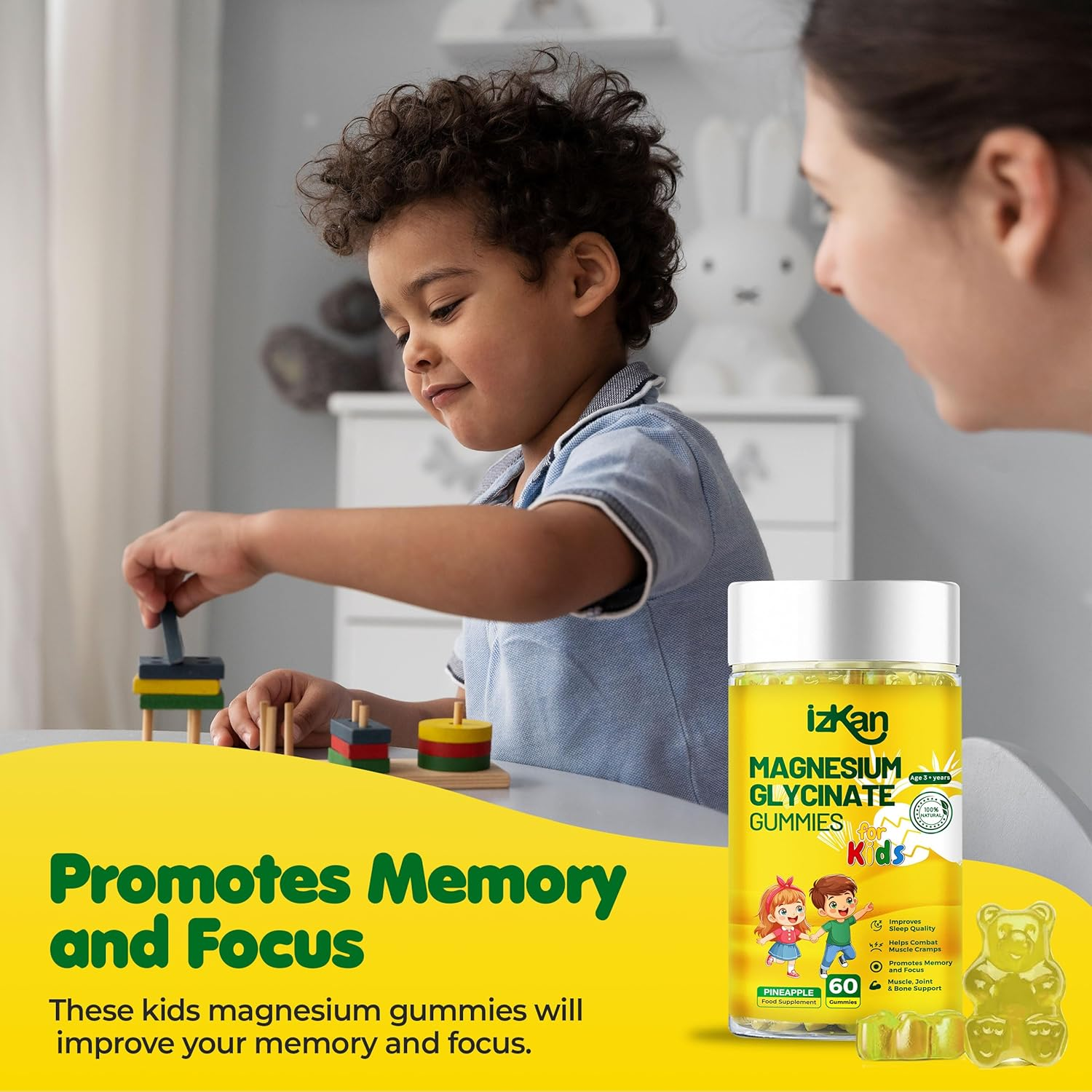 Magnesium Glycinate Gummies 100Mg, Low Sugar for Kids, Calm Magnesium Gummies for Sleep, Stress & Muscle Relief, No Melatonin, Gluten Free, Non-Gmo, Vegan, 60 Gummies (1) image number 1