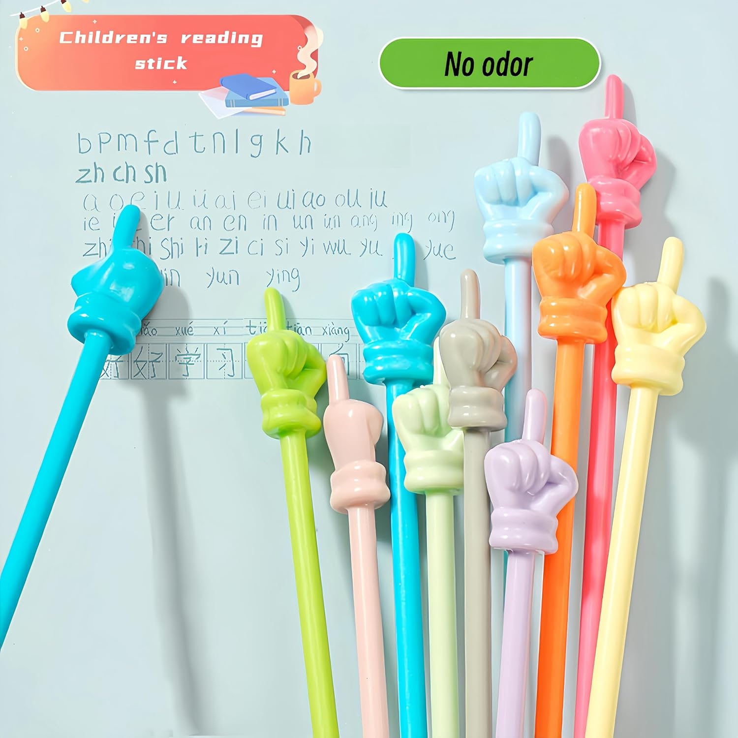 10PCS Children Finger Reading Stick Pointer Kindergarten Student Teacher Teaching Reading Picture Book Finger Shape Mini Pointer Stick (B-Macaron) image number 1