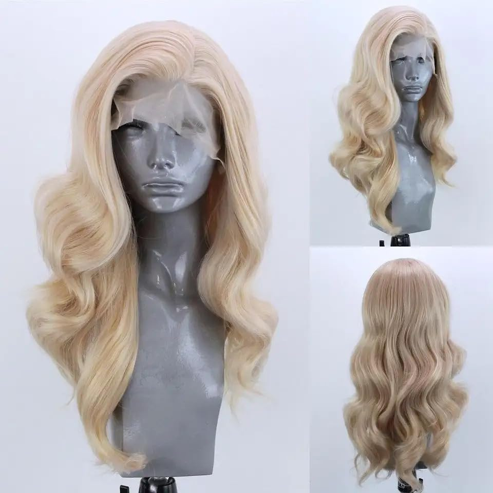 24Inch Light Blonde Wavy Lace Front Wig Long Curly Blonde Wig Heat Resistant Hair Natural Hairline Soft Wig Glueless Wig for Women Drag Queen Cosplay - Auburn image number 4