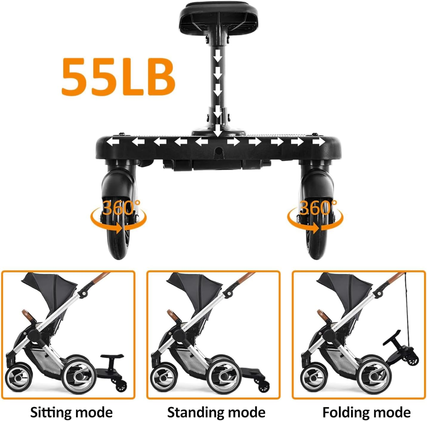 Universal Stroller Board with Replaceable Seat, 2 in 1 Sit and Stand Stroller Board, Stroller Standing Board, Stroller Attachment for Toddler to Ride, Holds Children up to 55Lb