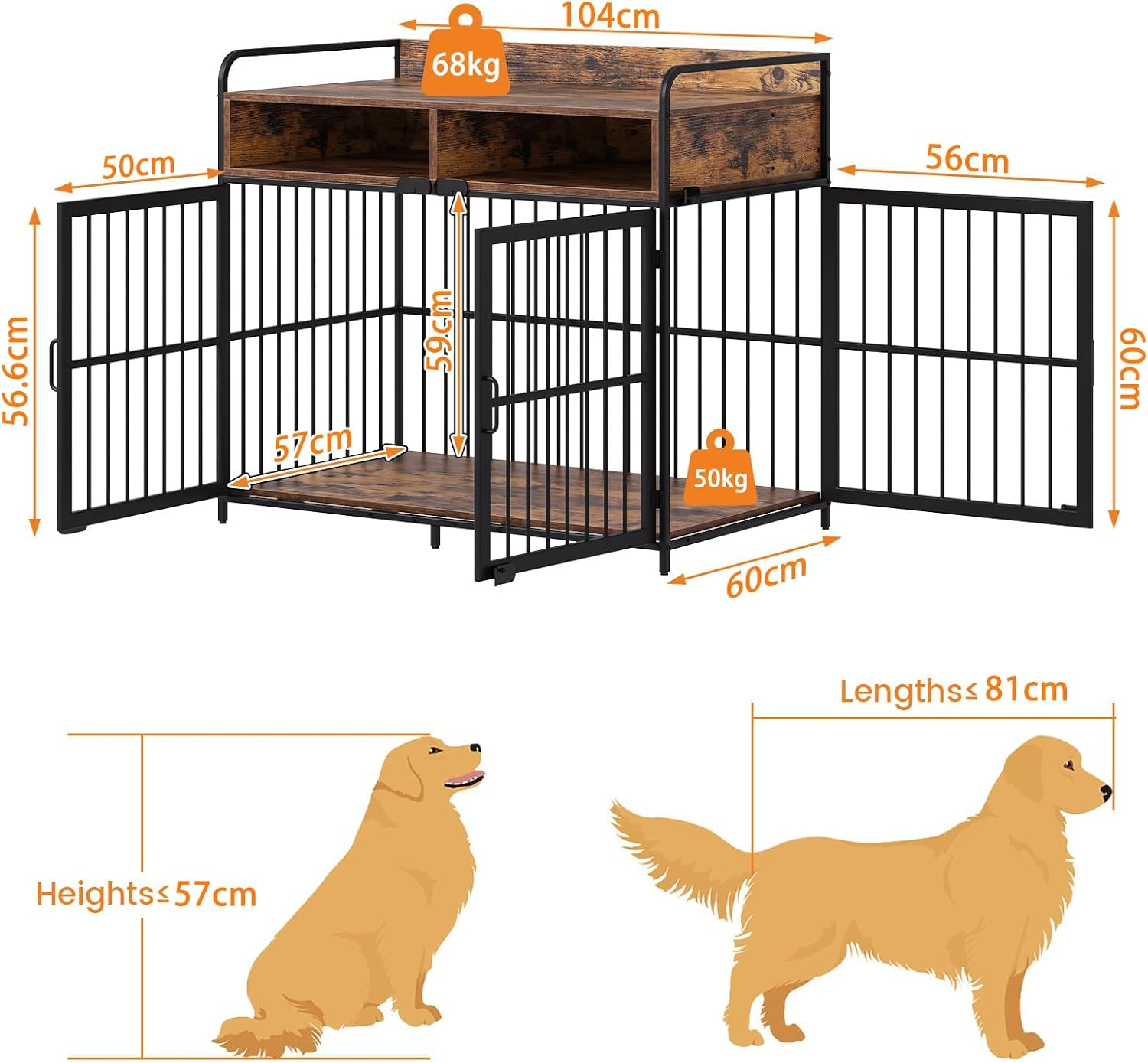 Koreal Dog Crate, 104Cm Width Dog Crate Furniture for Large Dogs, Heavy Duty Dog Kennel with 2 Drawers Storage, Wooden Dog Cage Indoor Dog House End Table for Dogs image number 4