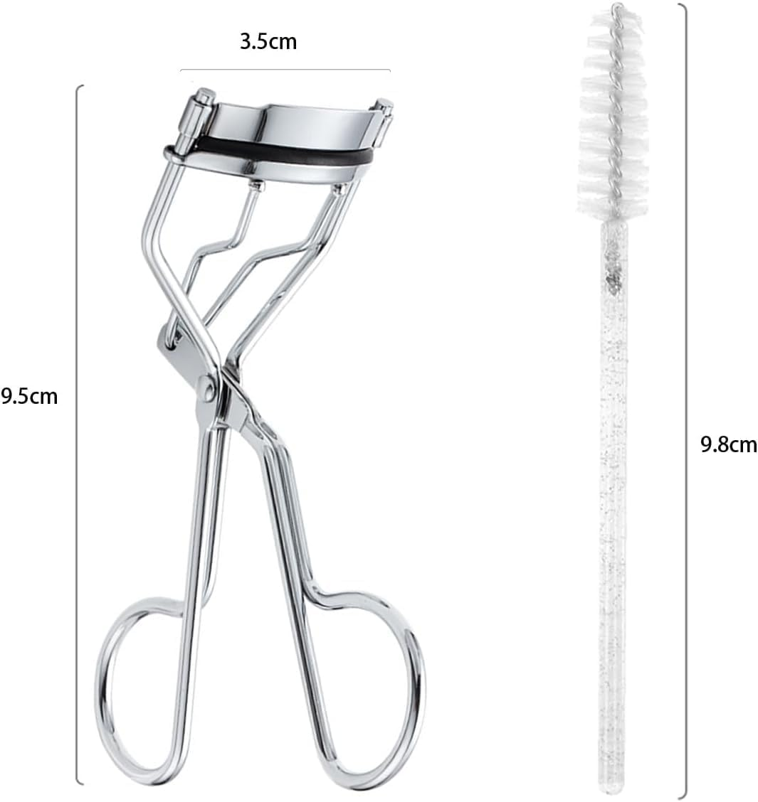 2Pcs Stainless Steel Eyelash Curler Silver, Curl and Lasting Definition with Silicone Pressure Pad, Wide Angle Localized Newbie Convenient Eyelash Curler + 10 Crystal Eyelash Brush（Random Color） image number 3