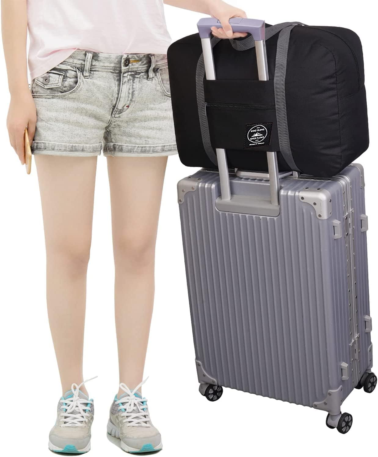 Travel Foldable Duffel Bag for Airlines, Resistant Nylon Waterproof Lightweight Travel Duffle Luggage Bag for Women Men for Vacation, Sports (Black) image number 3