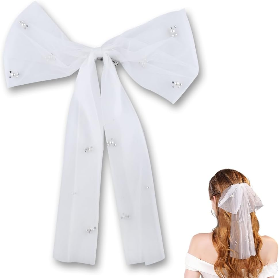 White Bow Wedding Veil for Bride - Short Tulle Veil with Pearl Hair Clip - Bridal Hair Accessories for Shower Party and Bachelorette image number 6